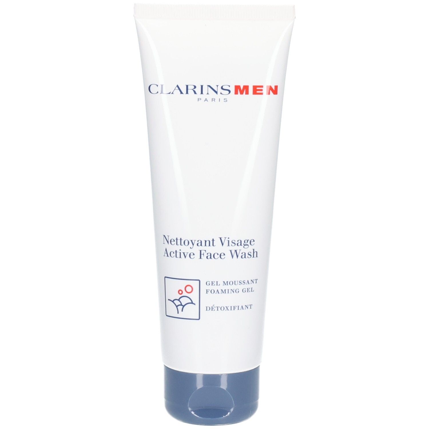 Clarins Men Active Face Wash Tube mit blauem Verschluss. Enthält 125 ml.