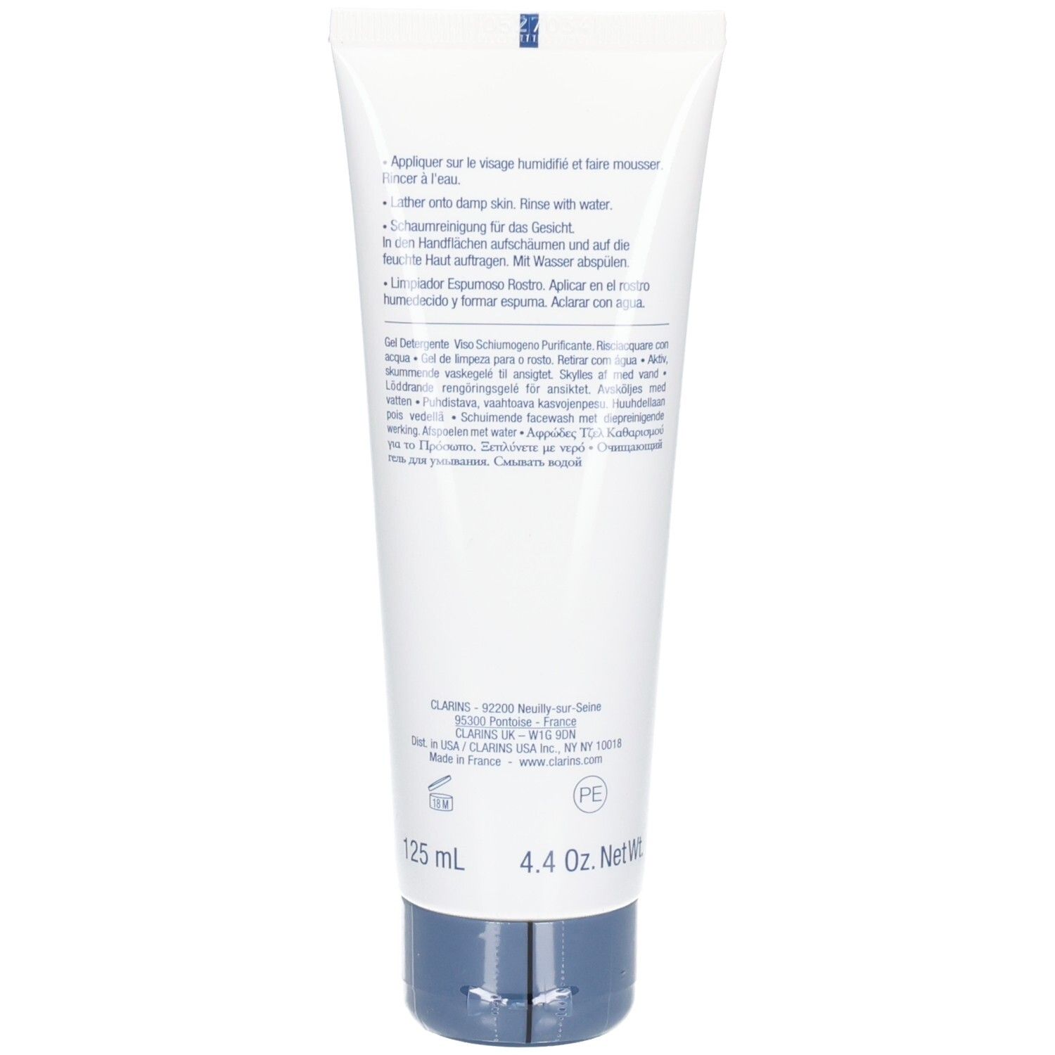 Rückseite der Clarins Men Active Face Wash Tube mit Anwendungshinweisen und Produktinformationen.