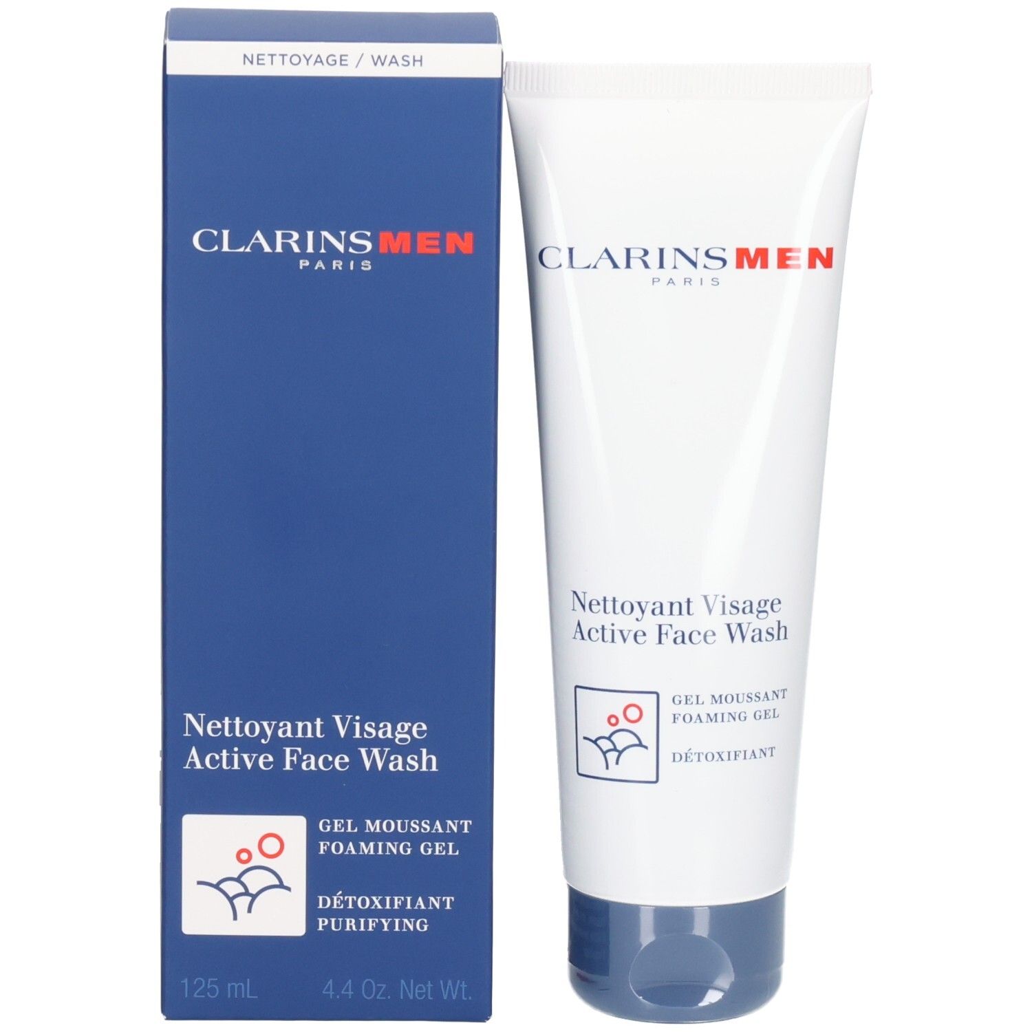 Clarins Men Active Face Wash Tube und Faltschachtel. Enthält 125 ml.