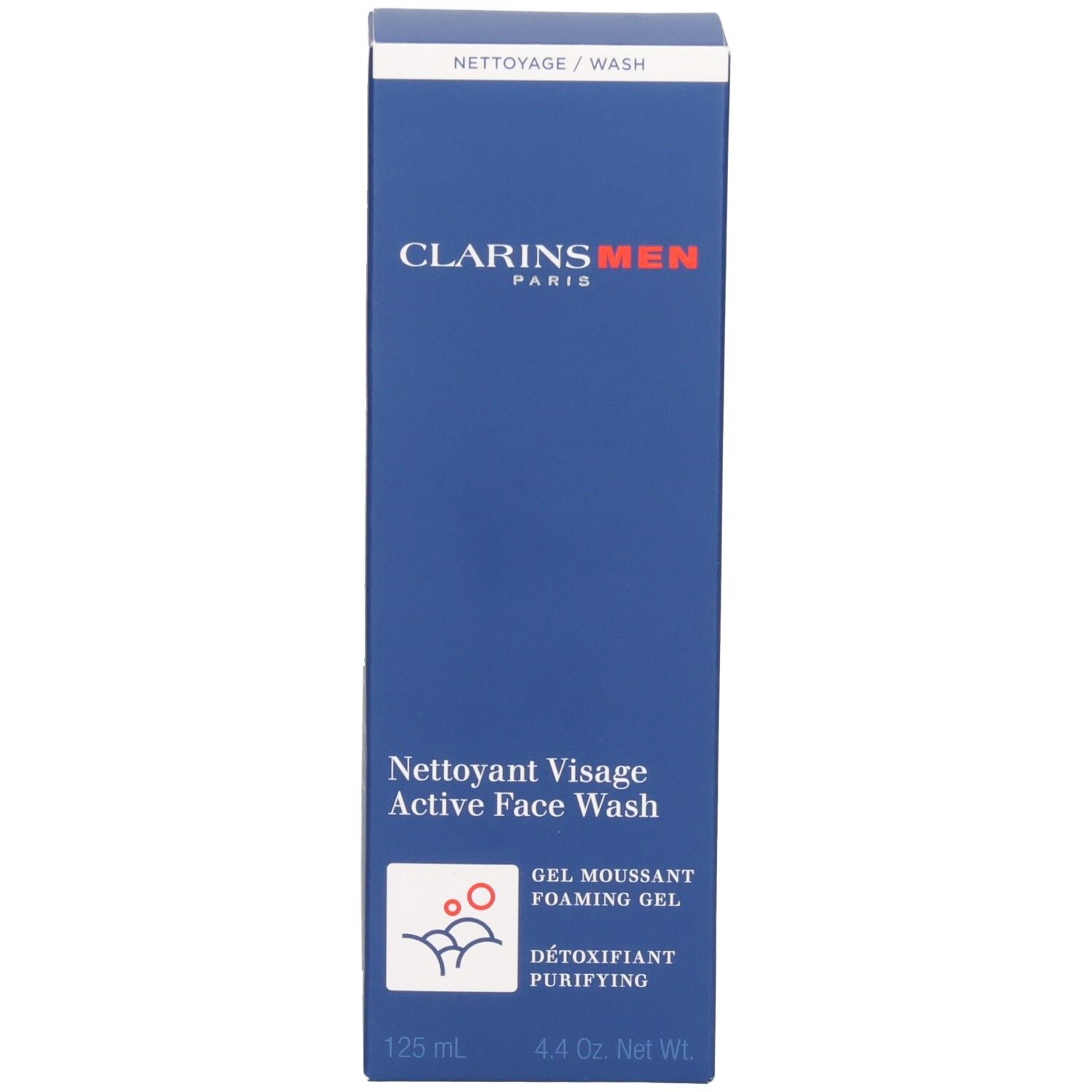 Seitenansicht der Faltschachtel für Clarins Men Active Face Wash mit Produktinformationen.