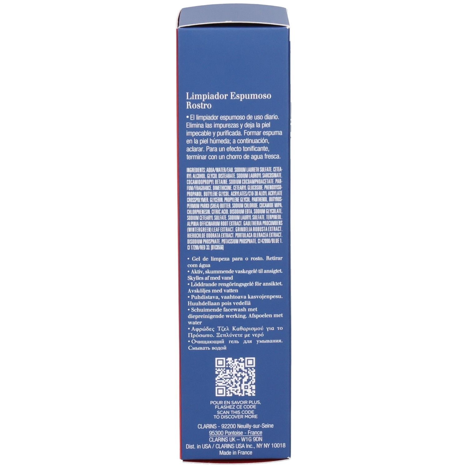 Seitenansicht der Faltschachtel für Clarins Men Active Face Wash mit Anwendungshinweisen.