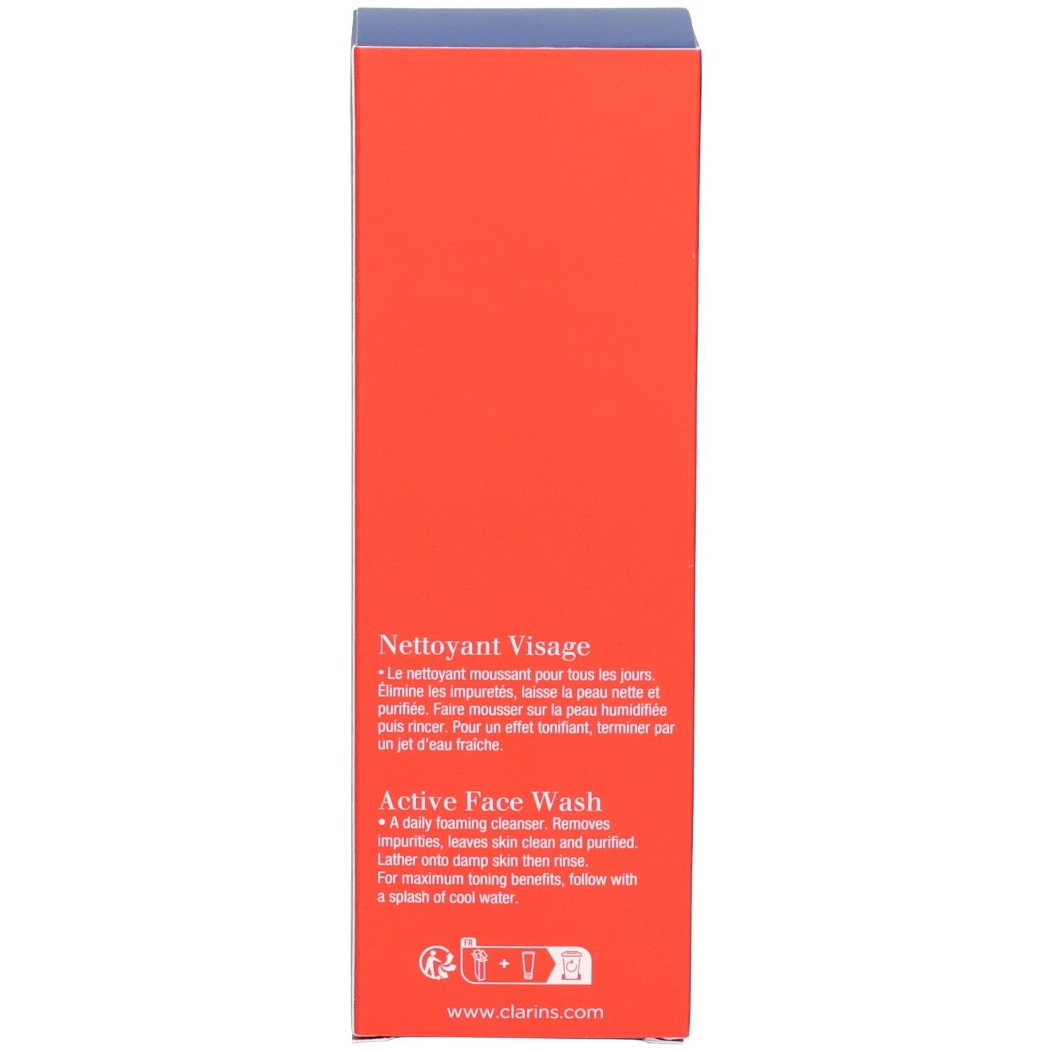 Seitenansicht der Faltschachtel für Clarins Men Active Face Wash mit Anwendungshinweisen.