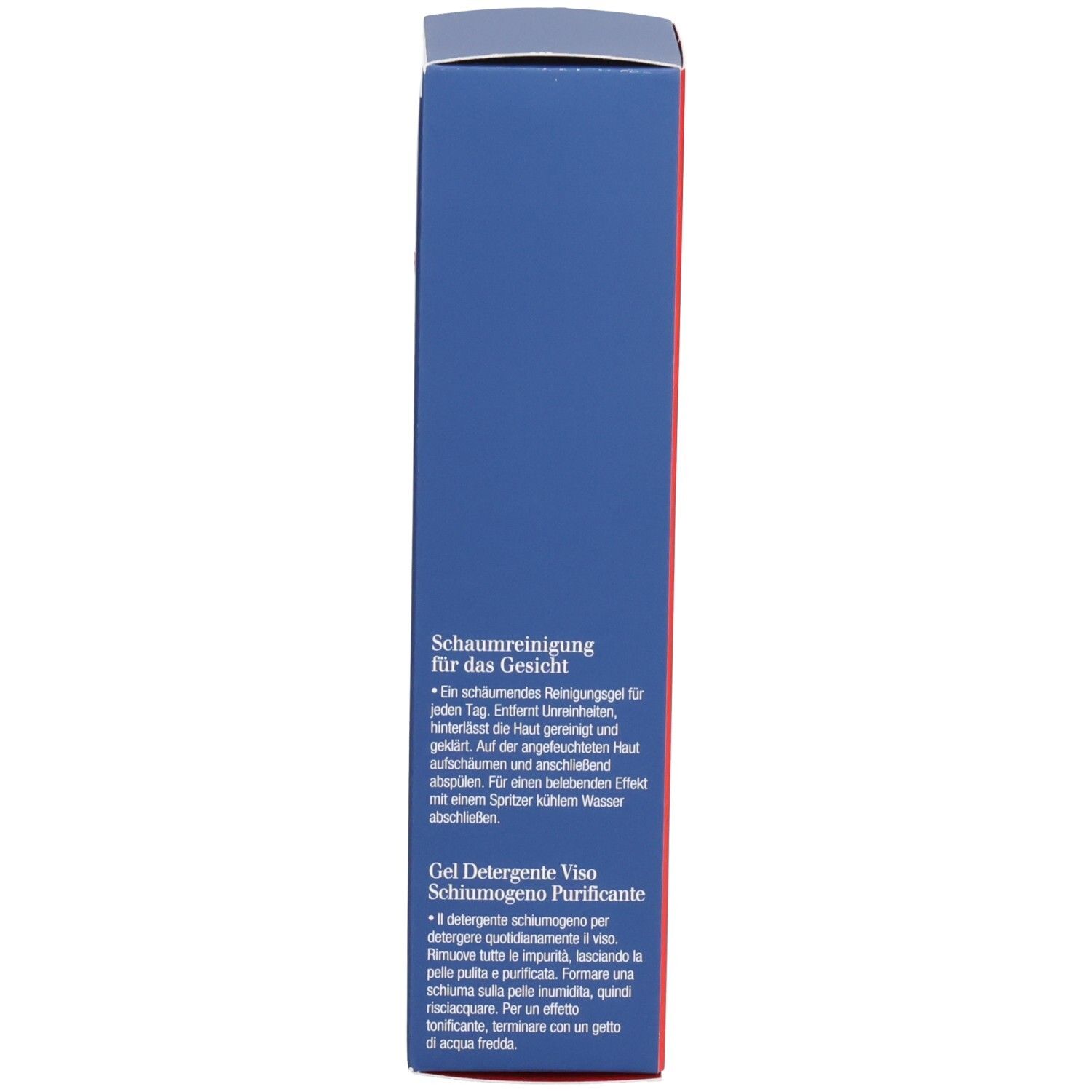 Seitenansicht der Faltschachtel für Clarins Men Active Face Wash mit Produktinformationen.