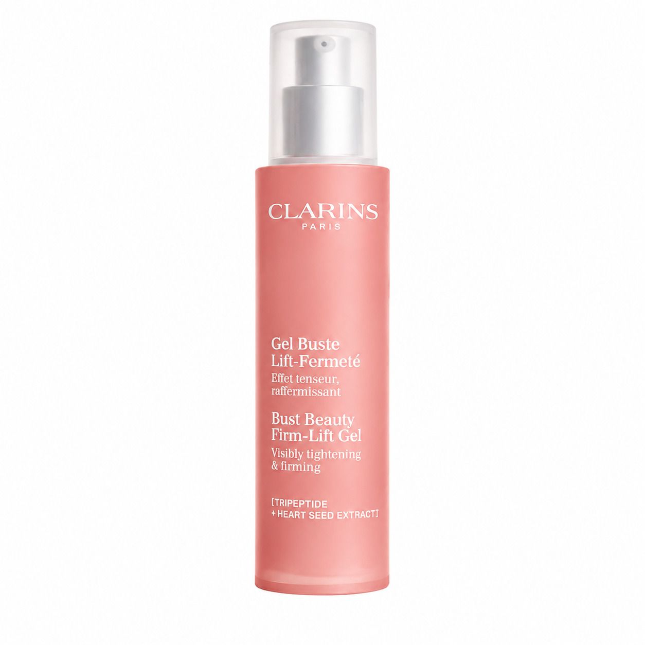 Gel Bust Beauty Firm-Lift Clarins, flacon avec pompe. Texte français : Gel Buste Lift-Fermeté.