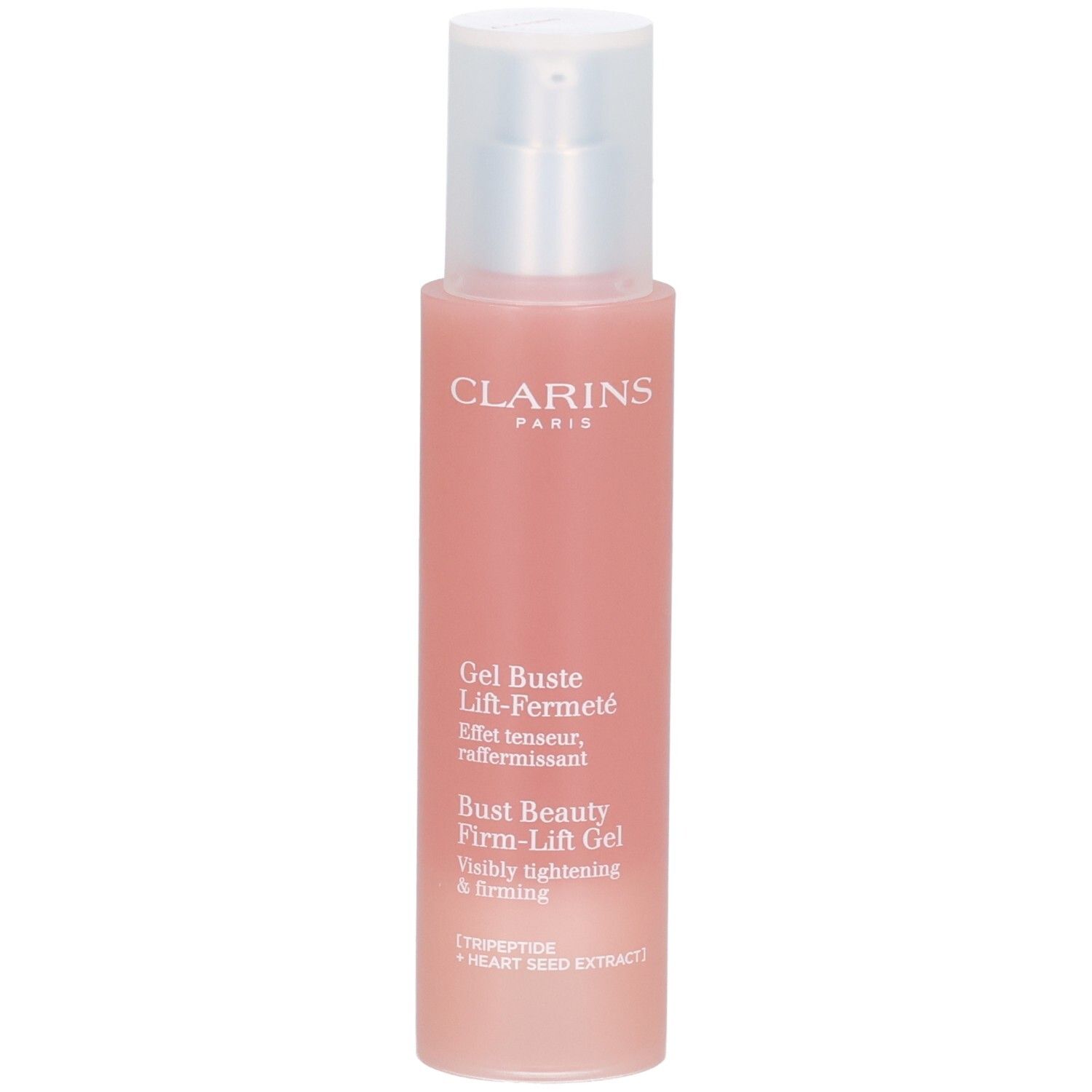 Clarins Bust Beauty Firm-Lift Gel in rosa Flasche mit Pumpspender. Enthält Tripeptide und Herzsamenextrakt.