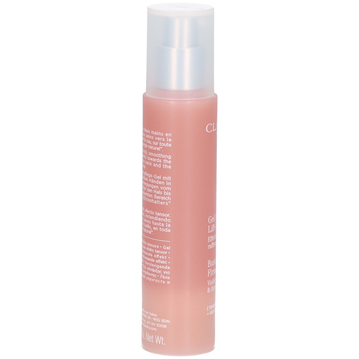 Clarins Bust Beauty Firm-Lift Gel, Rückseite mit Anwendungshinweisen und Inhaltsstoffen. Rosa Flasche mit Pumpspender.