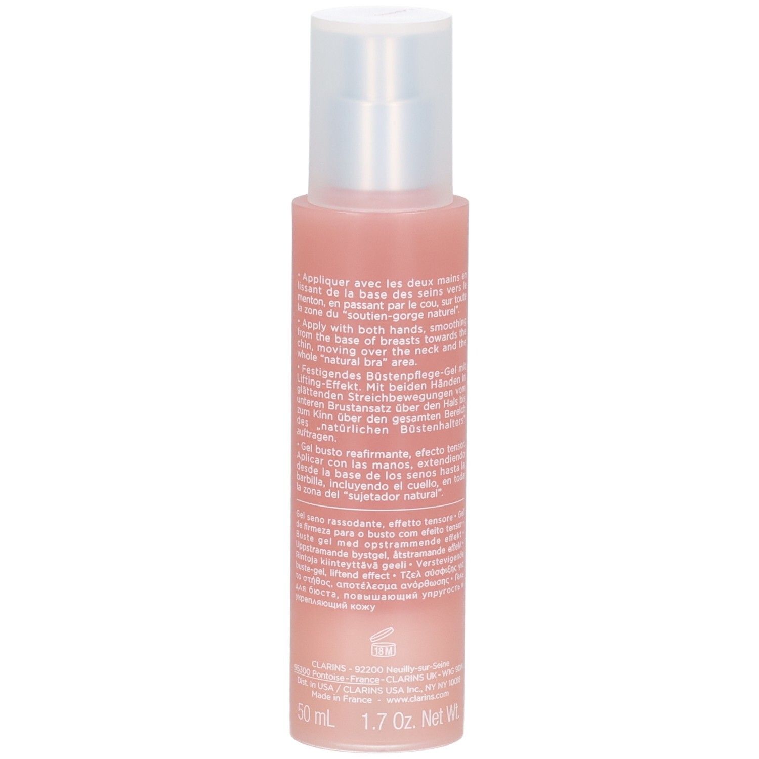 Clarins Bust Beauty Firm-Lift Gel, Flasche mit Pumpspender und Kartonverpackung. 50 ml.
