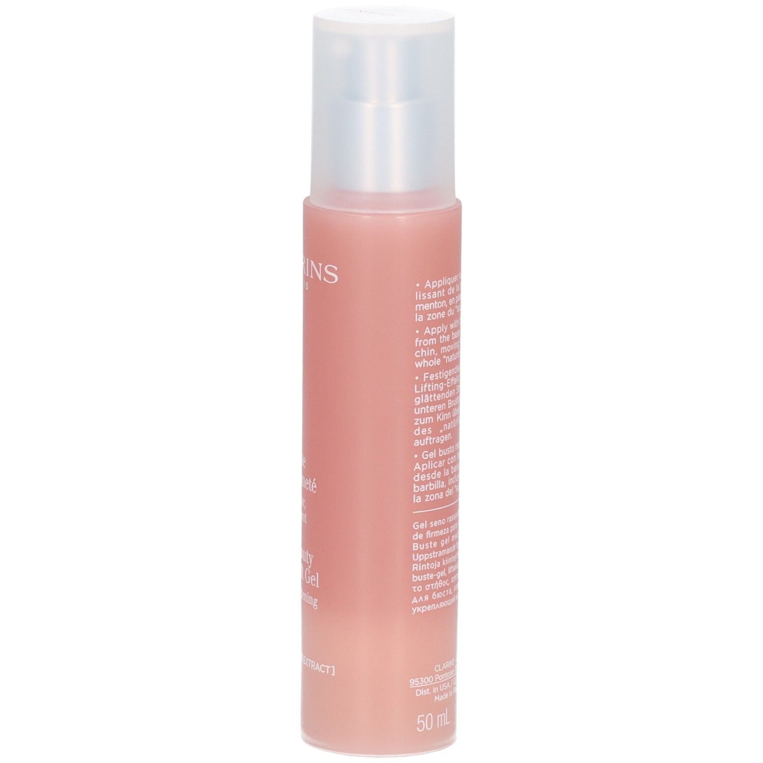 Clarins Bust Beauty Firm-Lift Gel, Flasche mit Pumpspender. Text auf Deutsch, Französisch, Italienisch, Niederländisch.