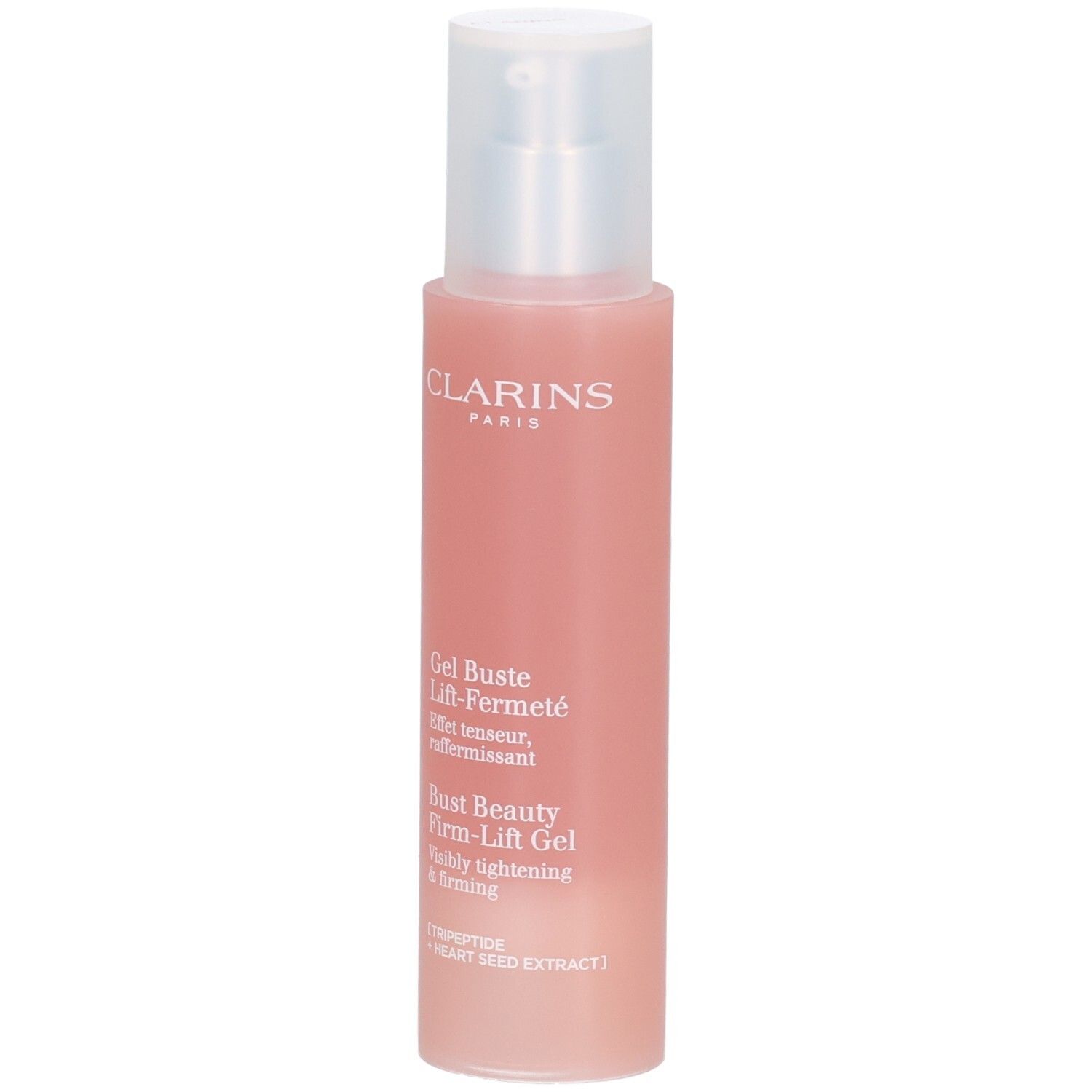 Clarins Bust Beauty Firm-Lift Gel, rosa Flasche mit Pumpspender. Enthält Tripeptide und Herzsamenextrakt.