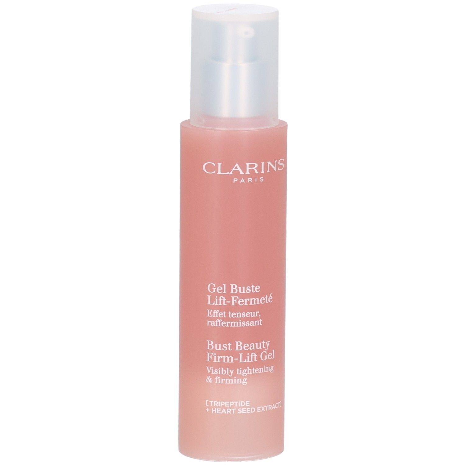 Clarins Bust Beauty Firm-Lift Gel, rosa Flasche mit Pumpspender. Enthält Tripeptide und Herzsamenextrakt.