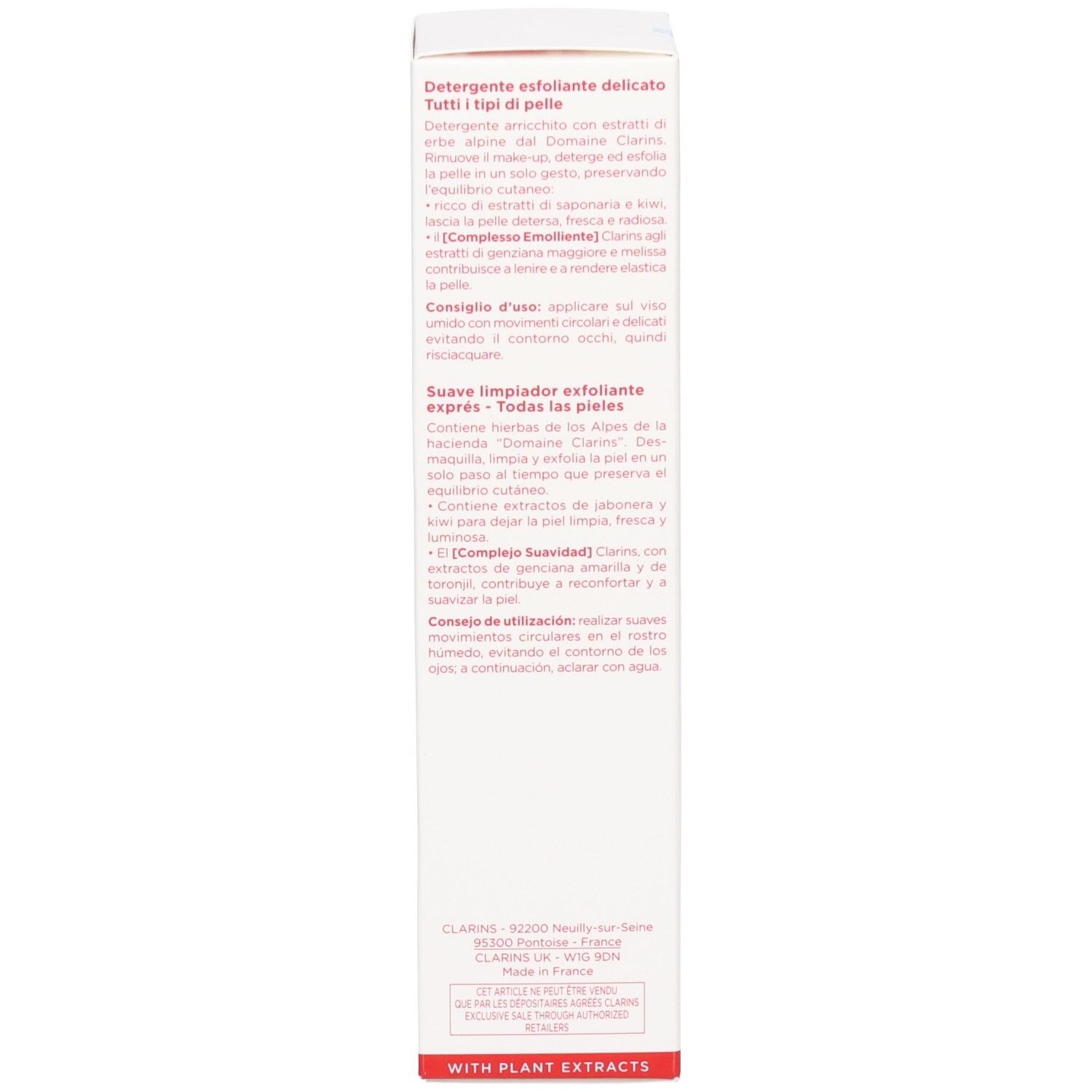 Seite der Clarins Doux Nettoyant Gommant Express Verpackung mit Anwendungshinweisen und Inhaltsstoffen.