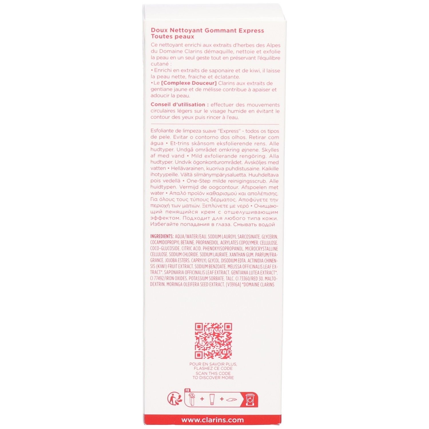 Rückseite der Clarins Doux Nettoyant Gommant Express Verpackung mit QR-Code und Anwendungssymbolen.