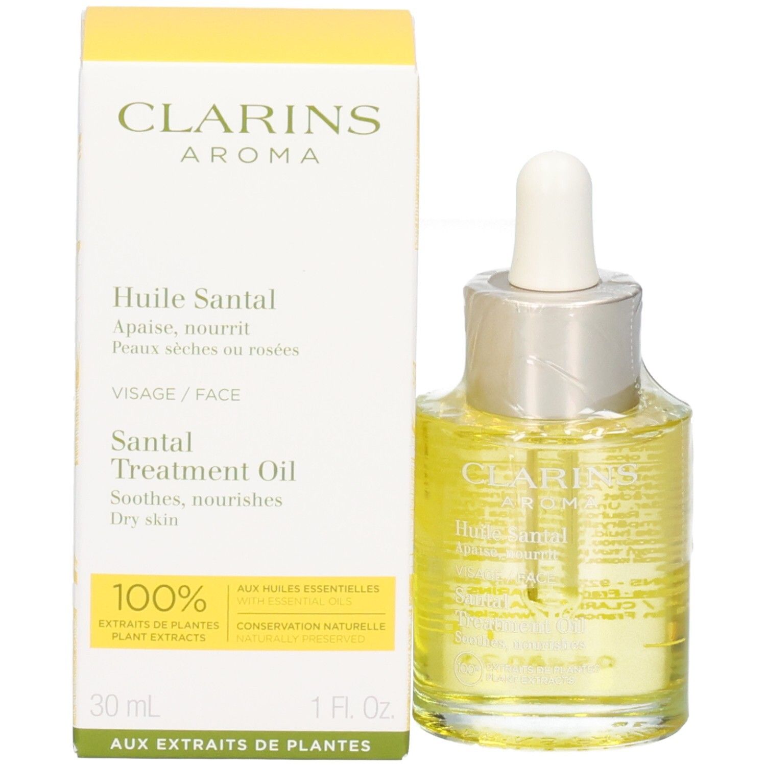 Clarins Santal Gesichtsöl Flasche und Verpackung. Gelbes Öl in Glasflasche mit Pipette.