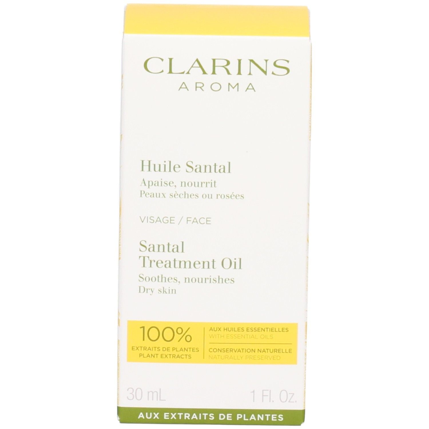 Clarins Santal Gesichtsöl Flasche und Verpackung. Gelbes Öl in Glasflasche mit Pipette.