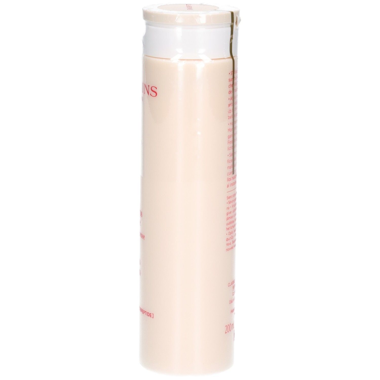 Sérum corps Clarins, 200ml, vue latérale. Texte en français, anglais et allemand.