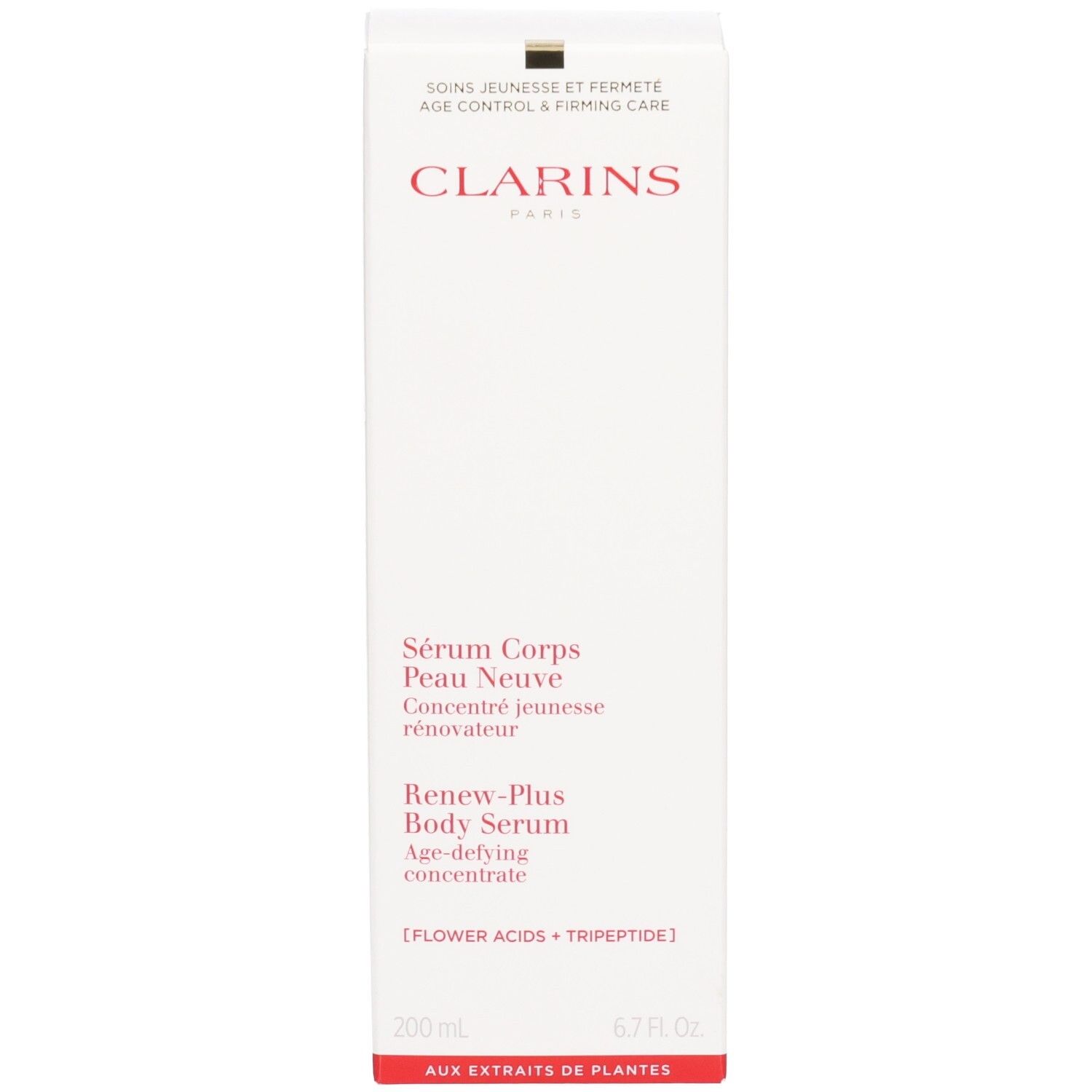 Emballage sérum corps Clarins, 200ml. Texte en français, anglais et allemand.
