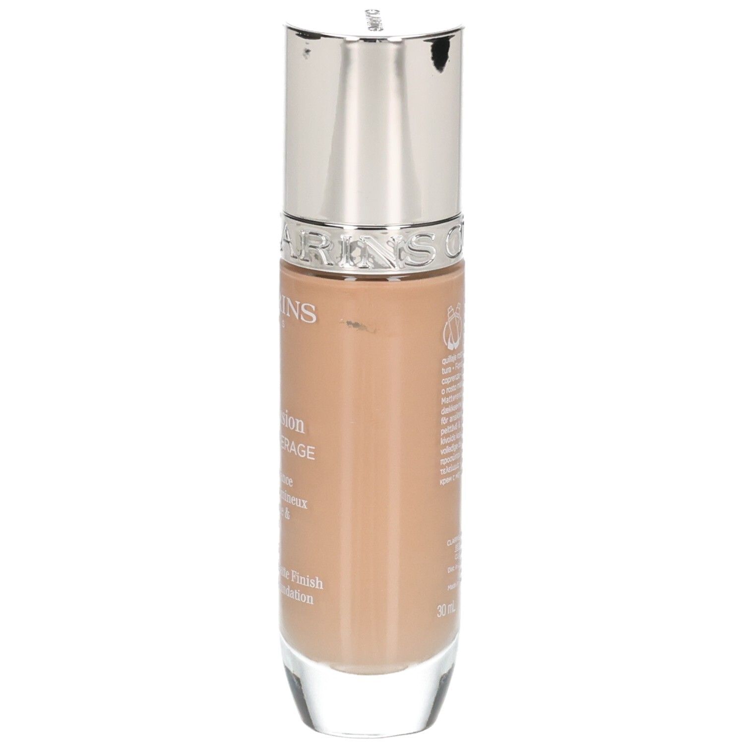 Clarins Skin Illusion Full Coverage Foundation, Flasche mit silbernem Spender.