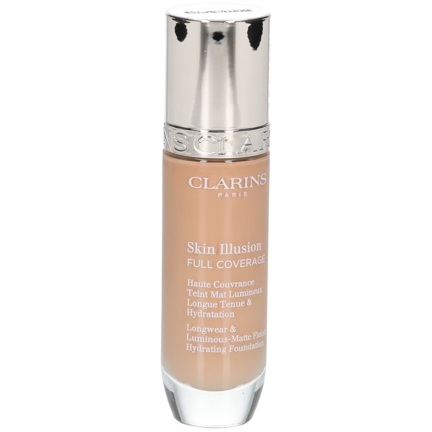 Clarins Skin Illusion Full Coverage Foundation, Flasche mit silbernem Spender.