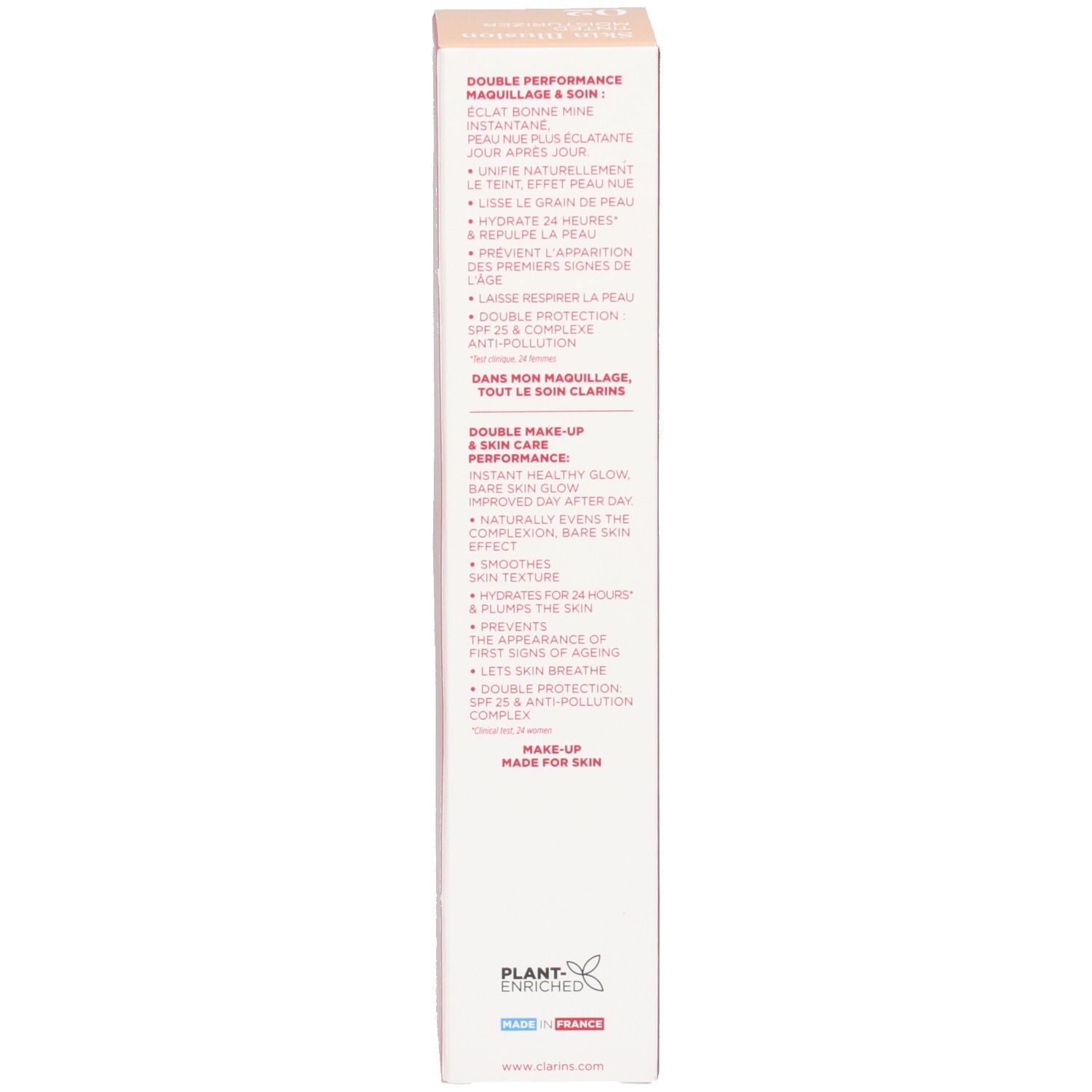 Verpackung mit Text über doppelte Leistung von Make-up und Hautpflege, SPF 25 und Anti-Pollution-Komplex.