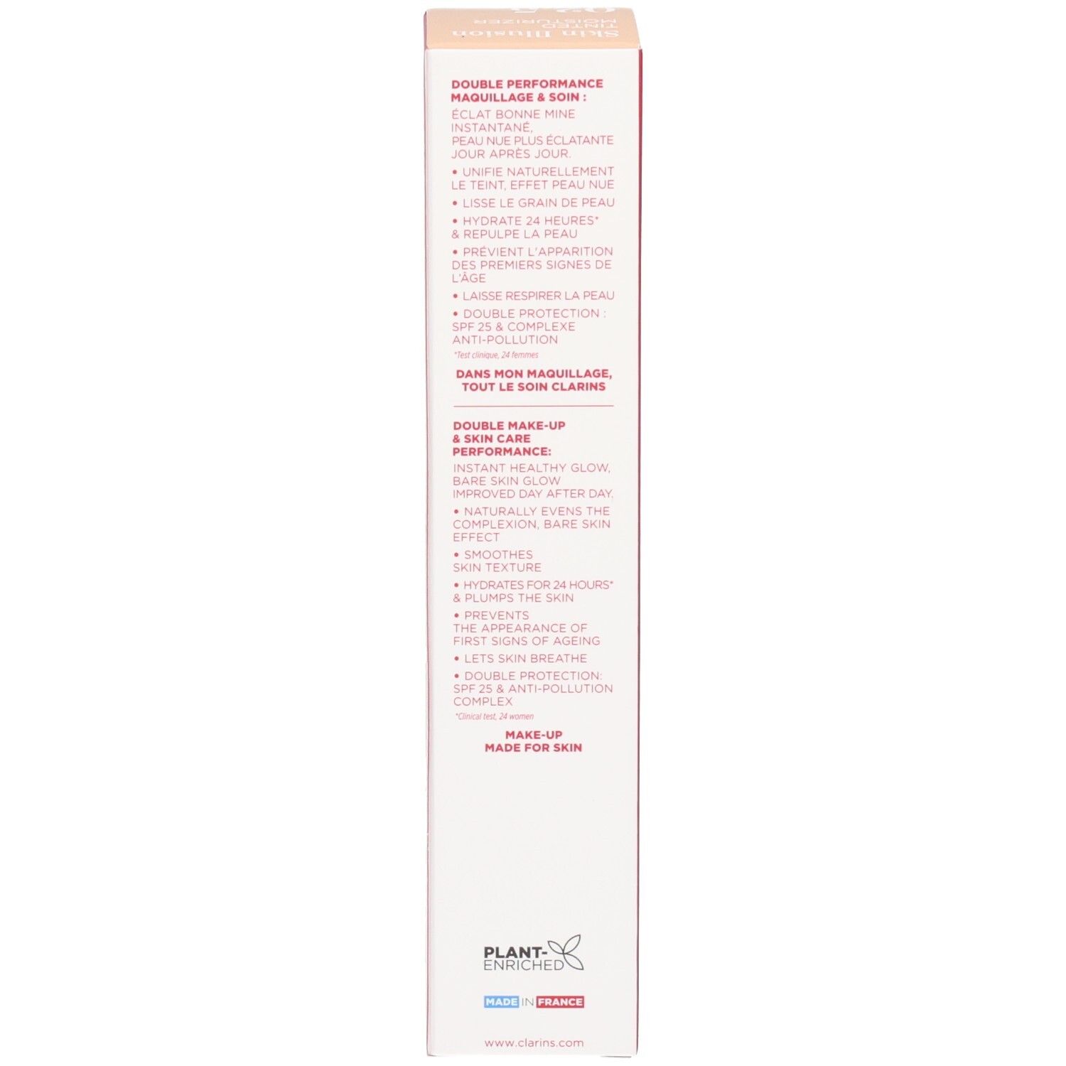 Seite der Clarins Skin Illusion Verpackung mit Produktvorteilen und Siegeln.