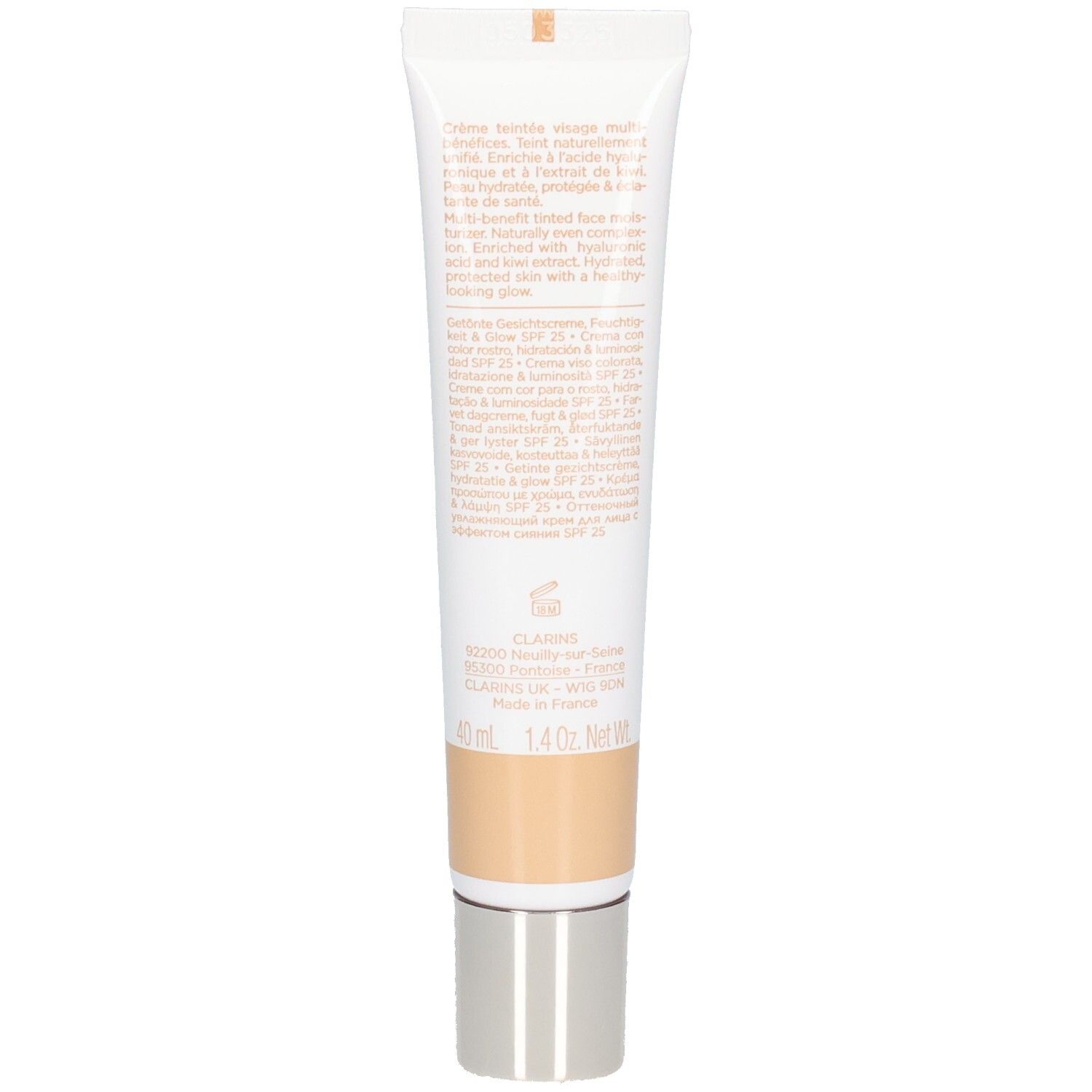 Rückseite der Clarins Skin Illusion getönten Feuchtigkeitscreme SPF 25, 40ml.