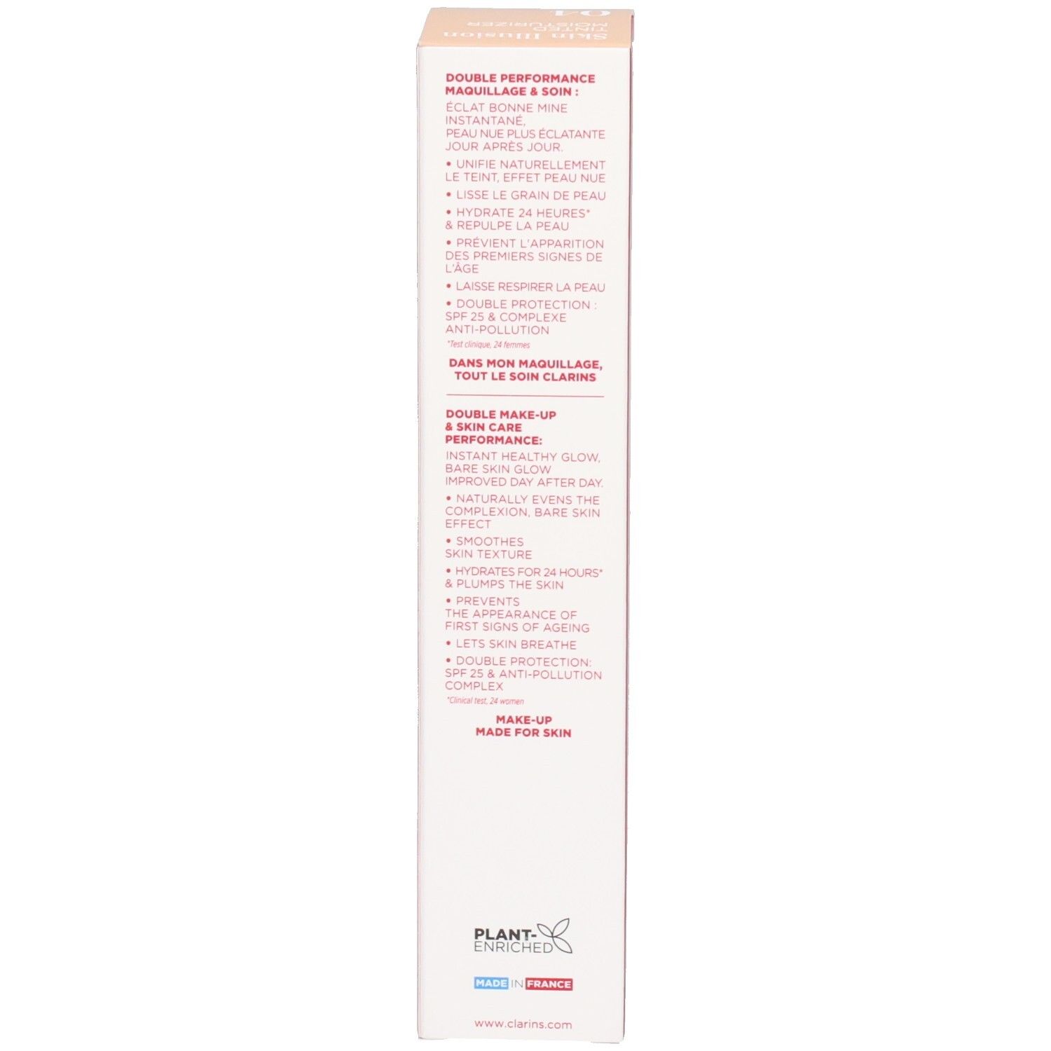 Seitenansicht der Clarins Skin Illusion getönten Feuchtigkeitscreme-Verpackung mit Produktvorteilen.