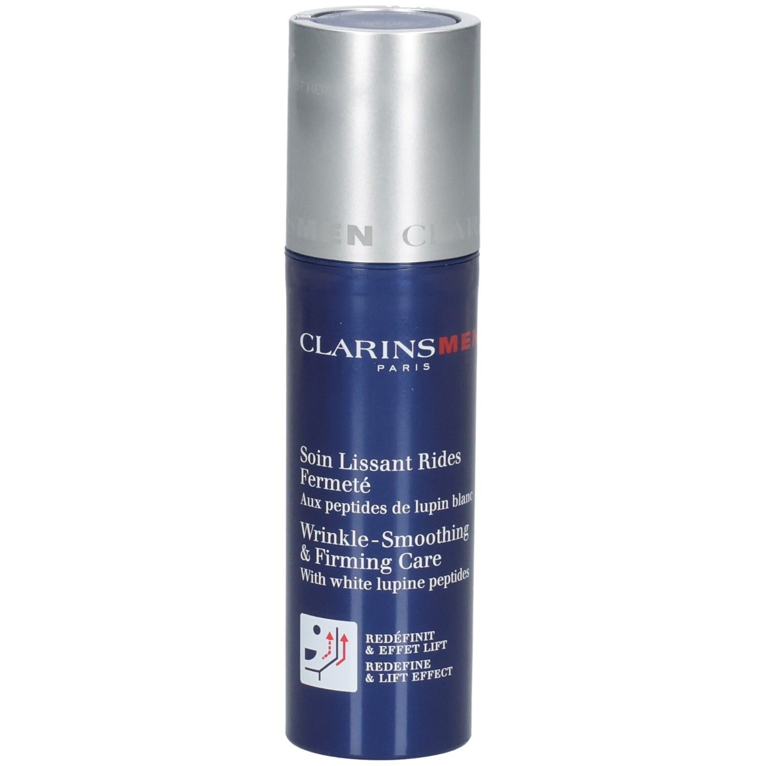 Clarins Men Gesichtscreme mit Pumpspender. Blaue Flasche mit silbernem Verschluss.