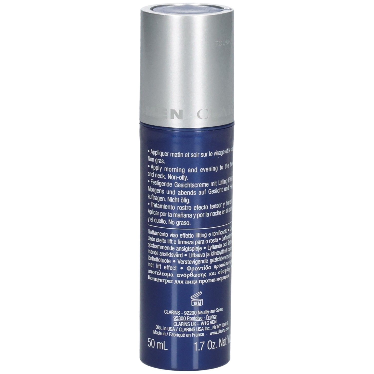 Clarins Men Gesichtscreme 50 ml. Flasche mit Pumpspender und silbernem Verschluss.