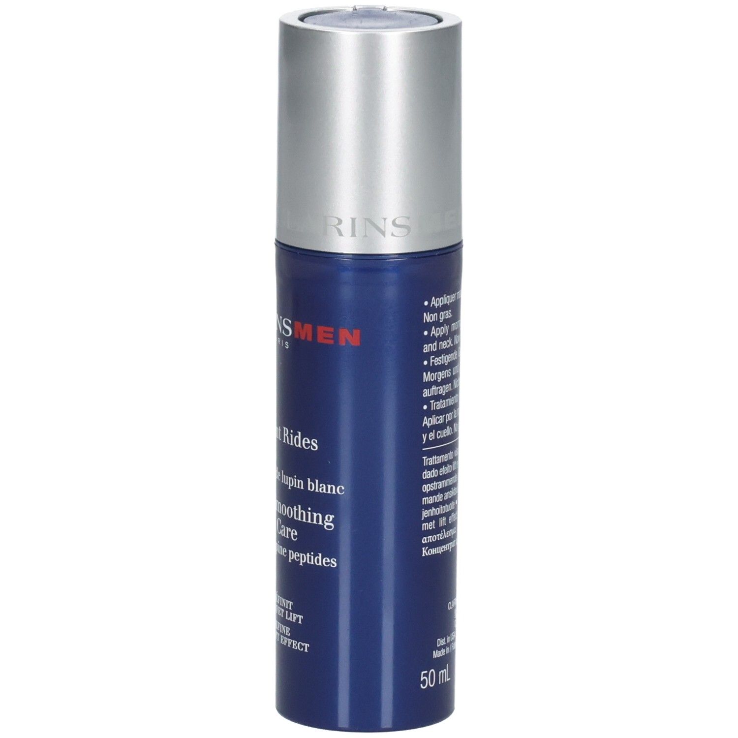 Clarins Men Gesichtscreme mit Pumpspender. Blaue Flasche mit silbernem Verschluss.