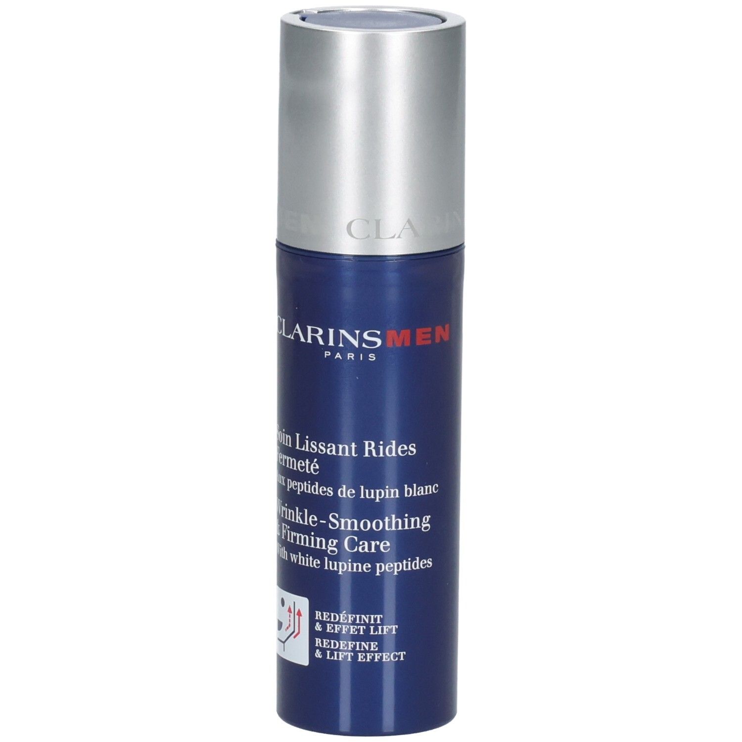 Clarins Men Gesichtscreme mit Pumpspender. Blaue Flasche mit silbernem Verschluss.