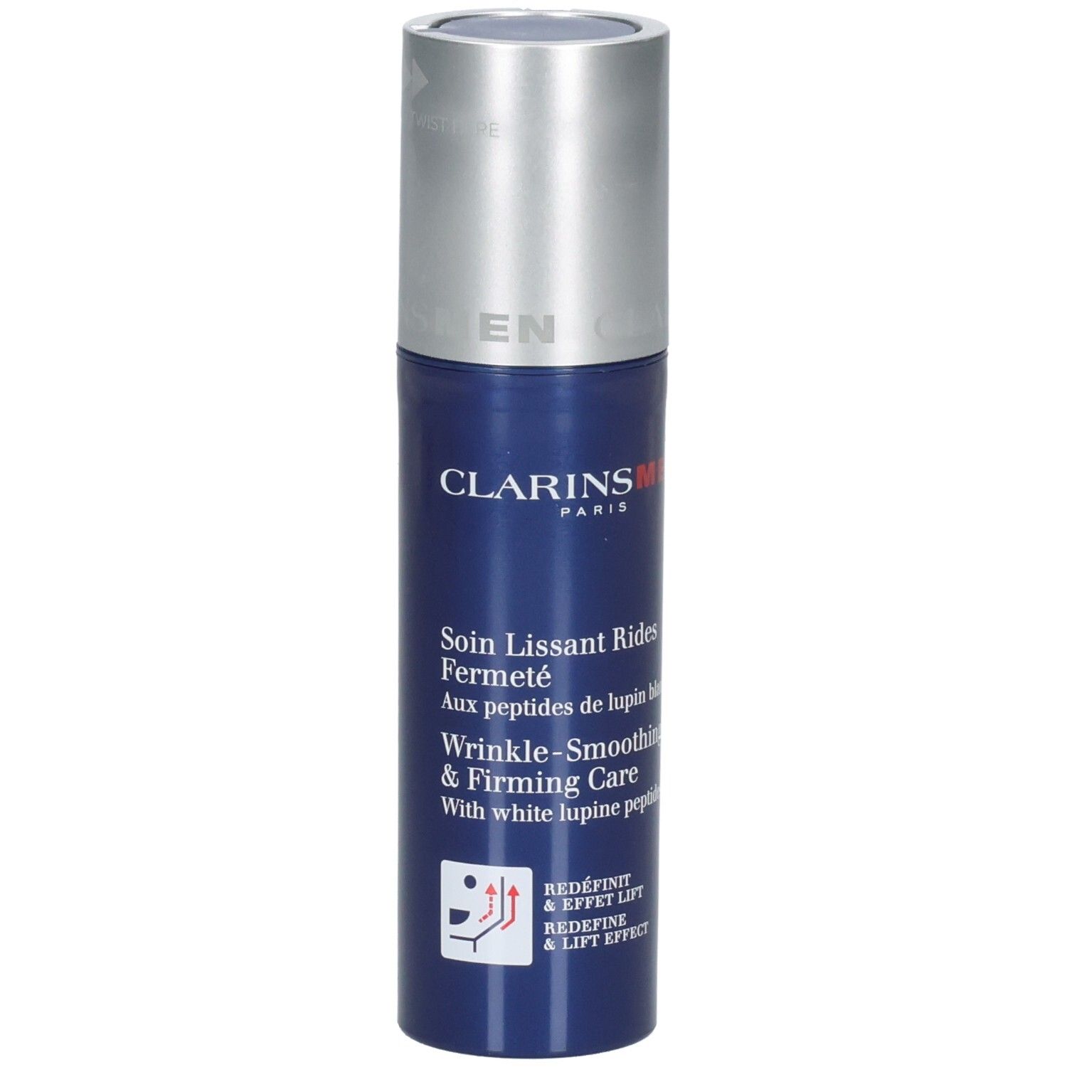 Clarins Men Gesichtscreme mit Pumpspender. Blaue Flasche mit silbernem Verschluss.