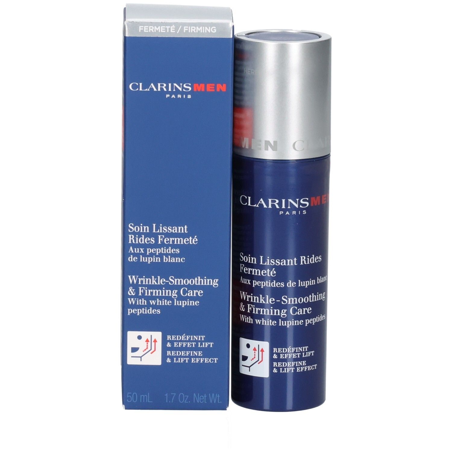 Clarins Men Gesichtscreme und Verpackung. Blaue Flasche mit silbernem Verschluss.