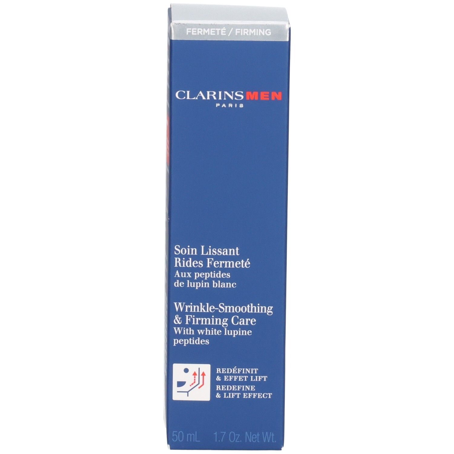 Clarins Men Verpackung. Blaue Box mit silbernem Streifen und Produktinformationen.
