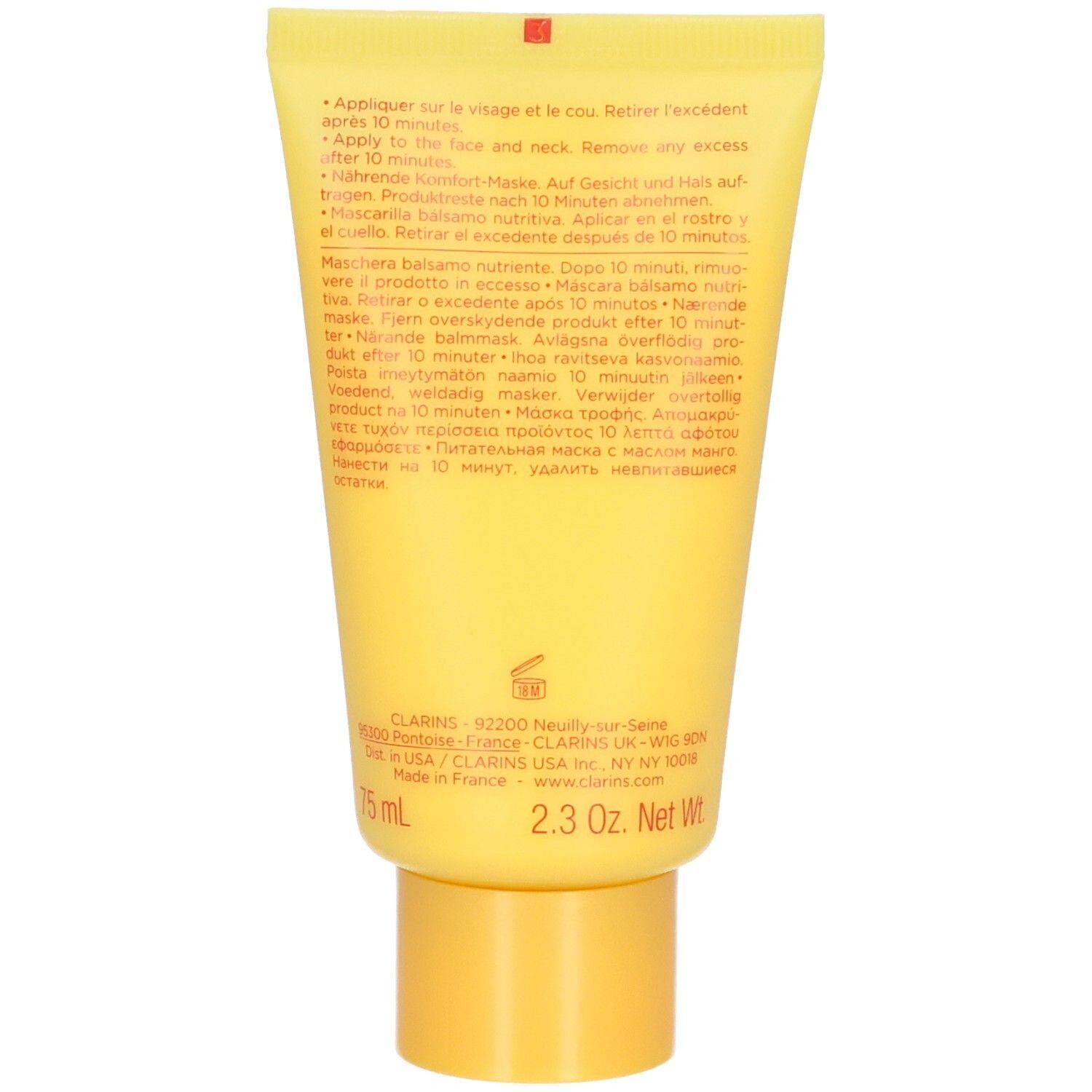 Rückseite der Clarins SOS Comfort Maske Tube mit Anwendungshinweisen und Produktinformationen.