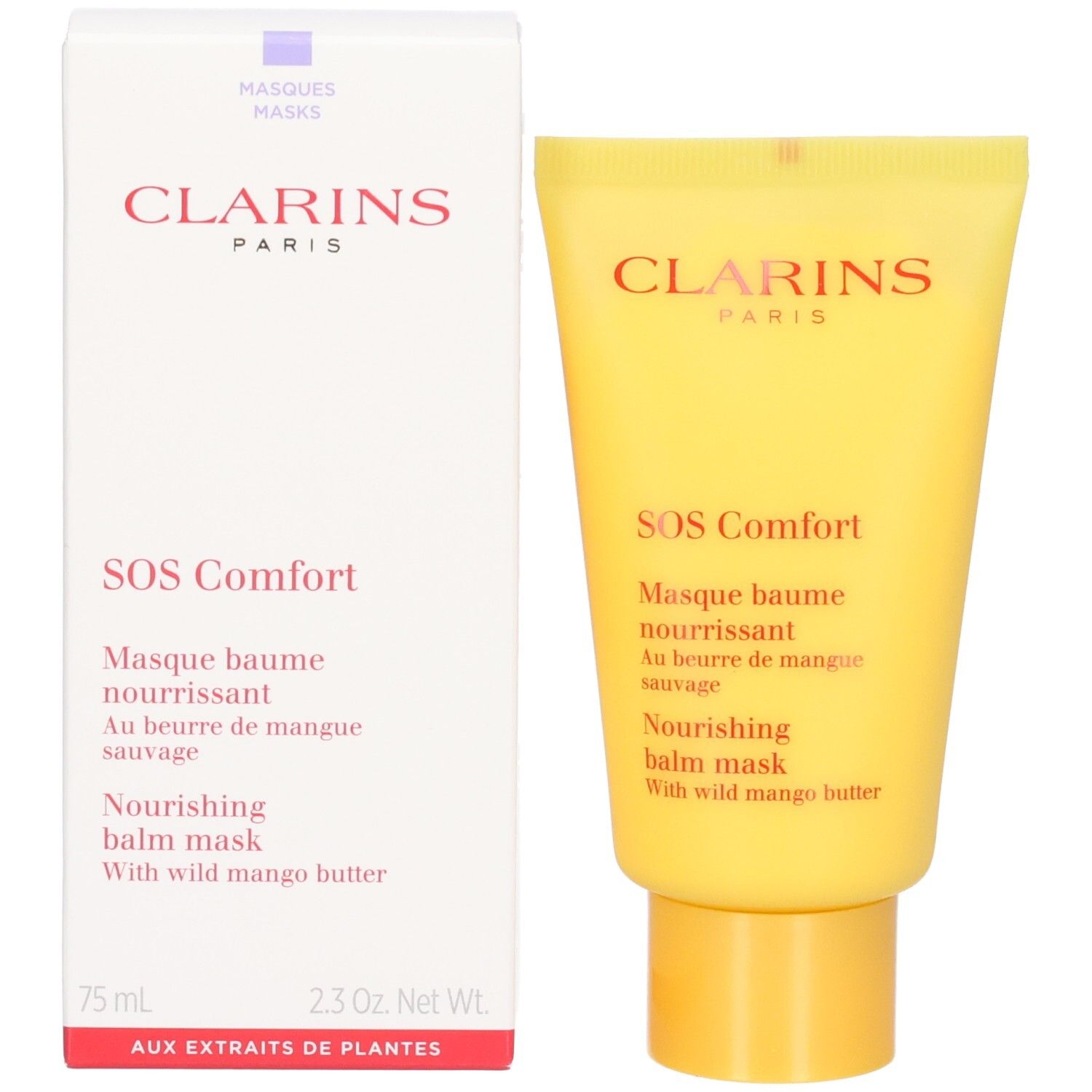 Clarins SOS Comfort Maske mit Verpackung. Gelbe Tube und weiße Kartonverpackung mit Produktnamen.