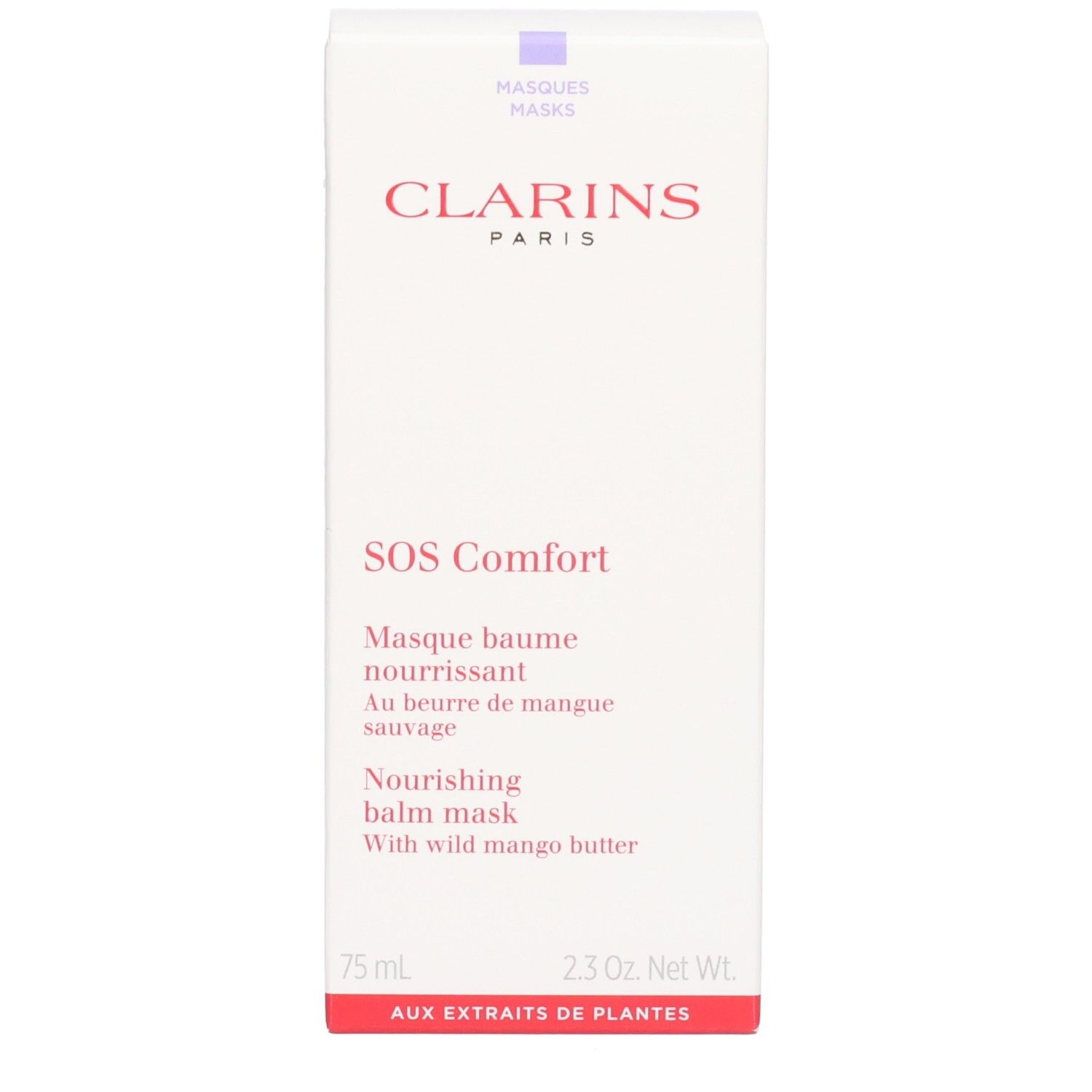 Clarins SOS Comfort Maske, weiße Kartonverpackung mit Produktinformationen und Markenschriftzug.