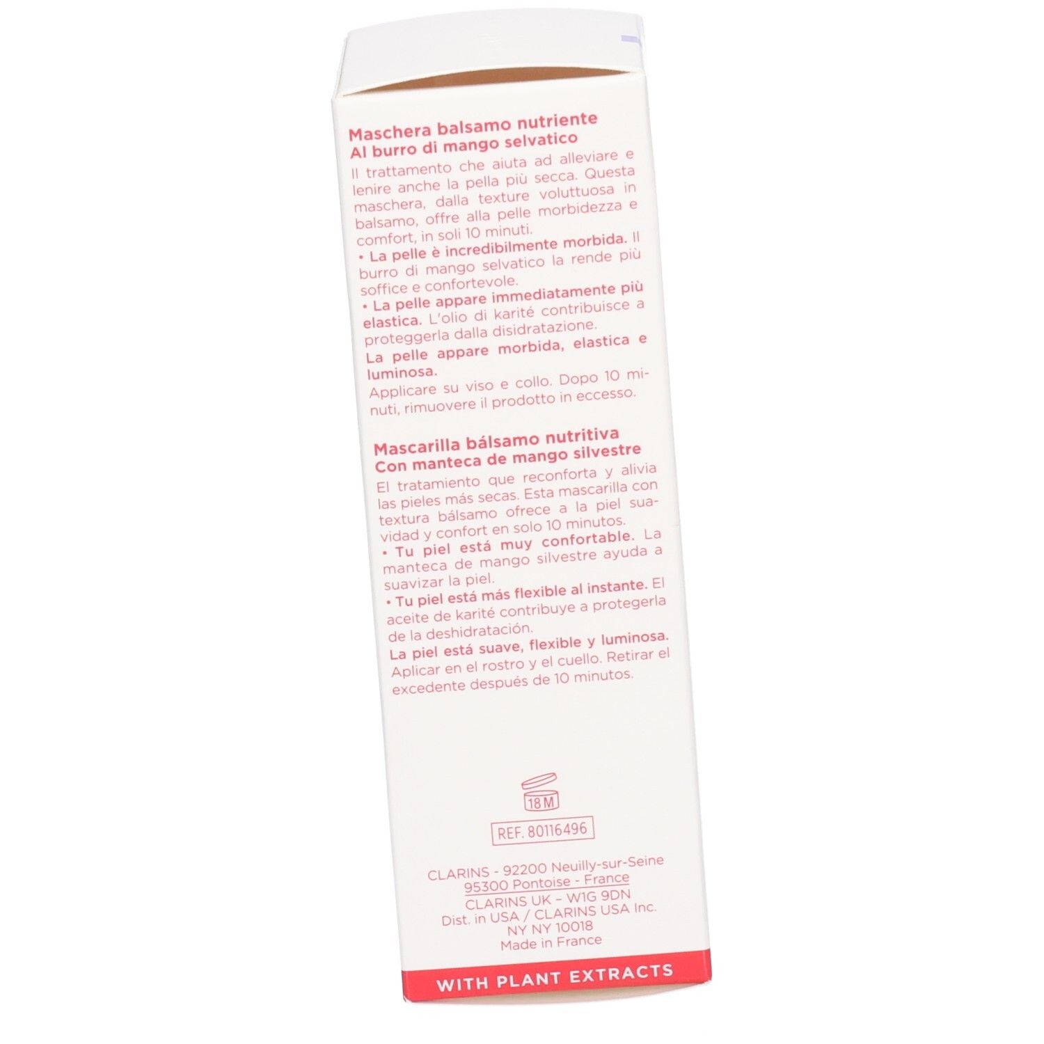 Rückseite der Clarins SOS Comfort Masken-Verpackung mit detaillierten Anwendungshinweisen.