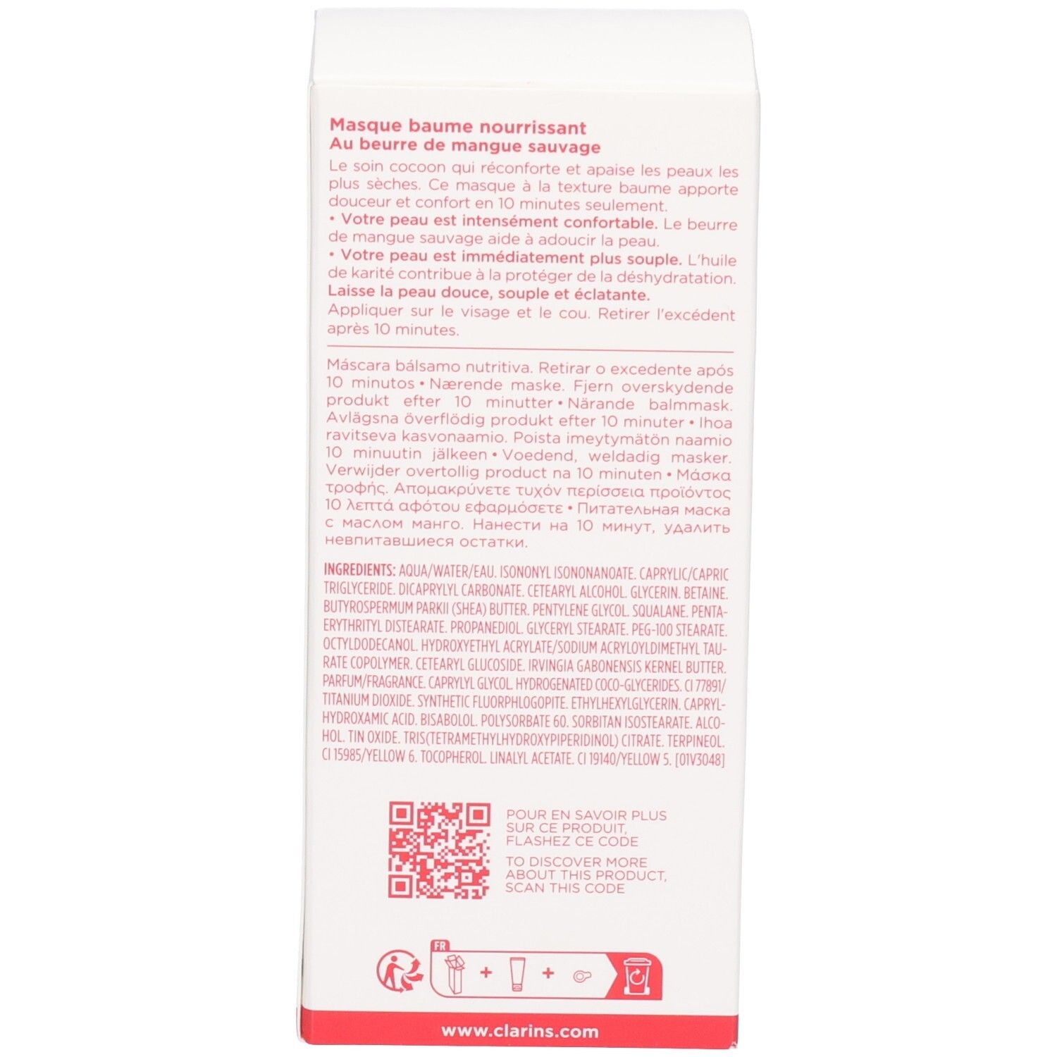 Clarins SOS Comfort Masken-Verpackung mit Inhaltsstoffen und QR-Code für weitere Informationen.