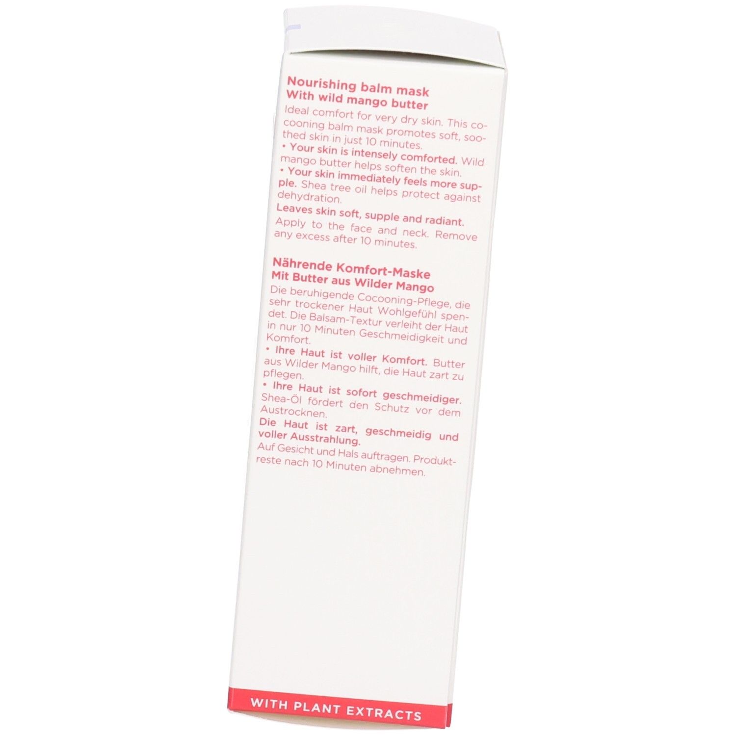 Seite der Clarins SOS Comfort Masken-Verpackung mit Beschreibung der Vorteile und Inhaltsstoffen.