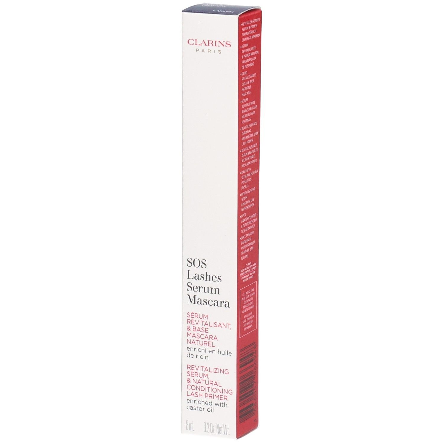 Clarins SOS Lashes Serum Mascara Verpackung mit Produktinformationen und Markenschriftzug.