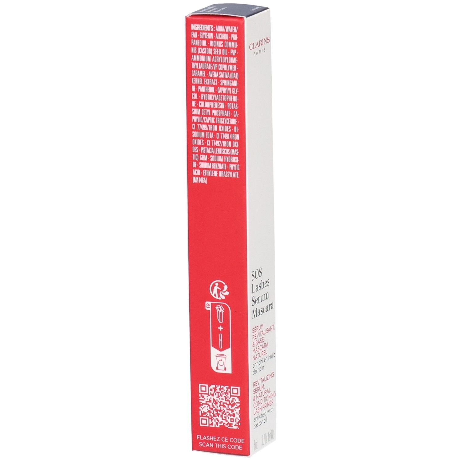 Clarins SOS Lashes Serum Mascara Verpackung mit Inhaltsstoffliste und Anwendungshinweisen.