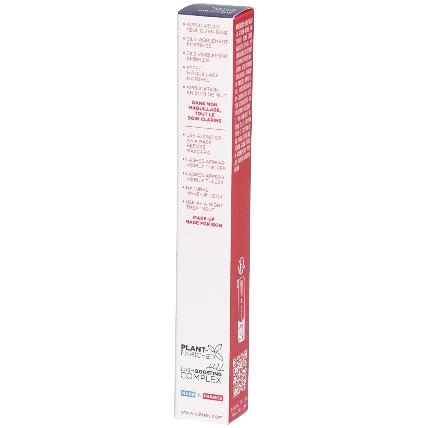 Clarins SOS Lashes Serum Mascara Verpackung mit Anwendungshinweisen und Siegeln.