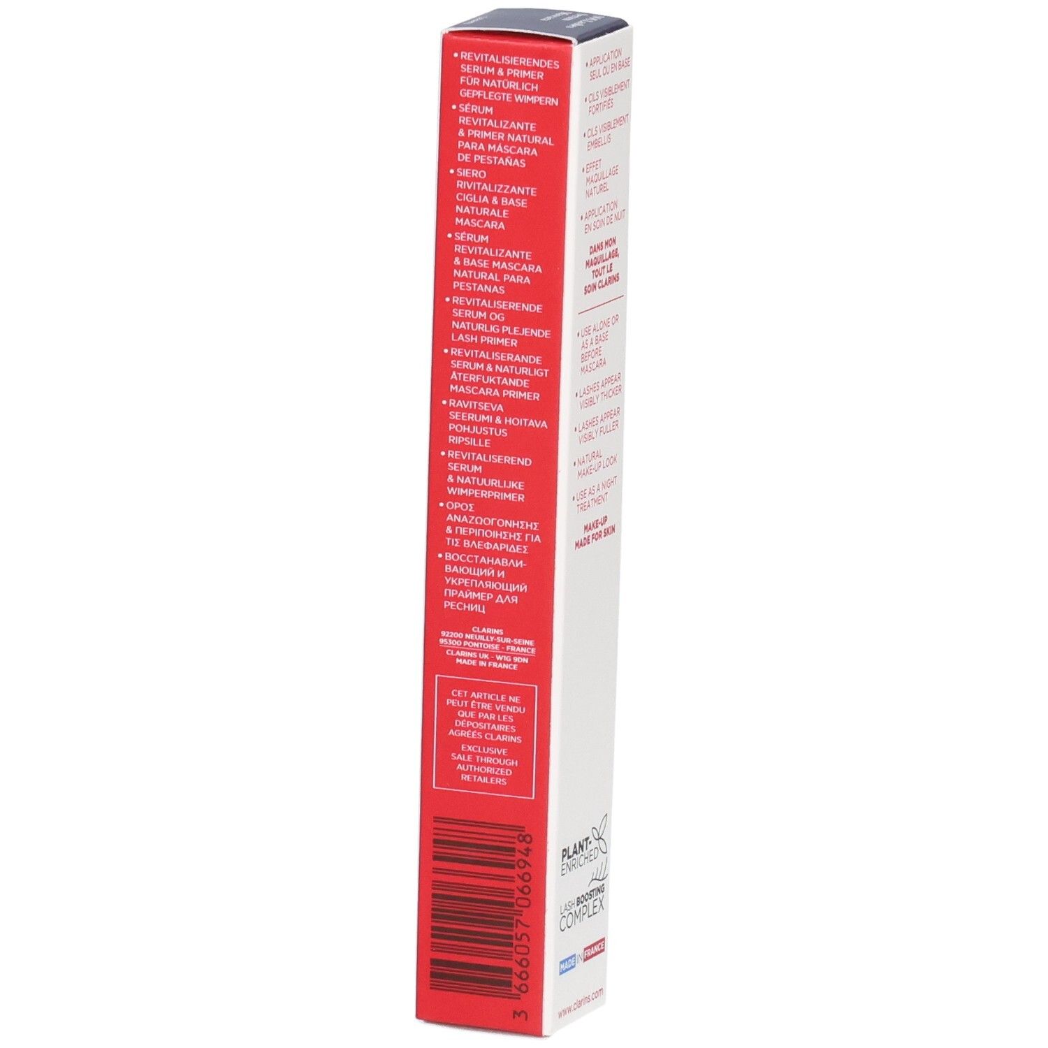 Clarins SOS Lashes Serum Mascara Verpackung mit mehrsprachigen Produktbeschreibungen.