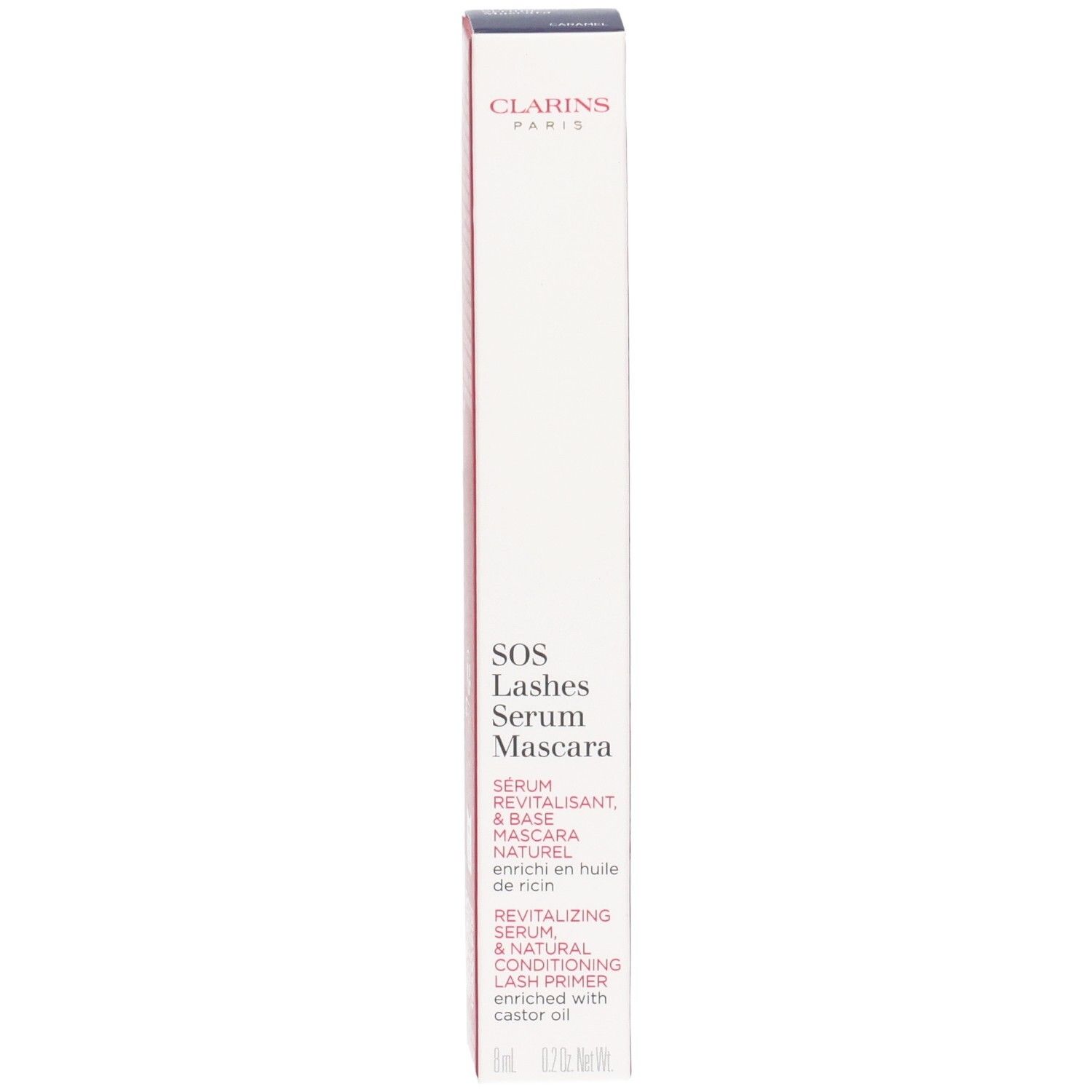 Clarins SOS Lashes Serum Mascara Verpackung mit Produktnamen und Markenschriftzug.