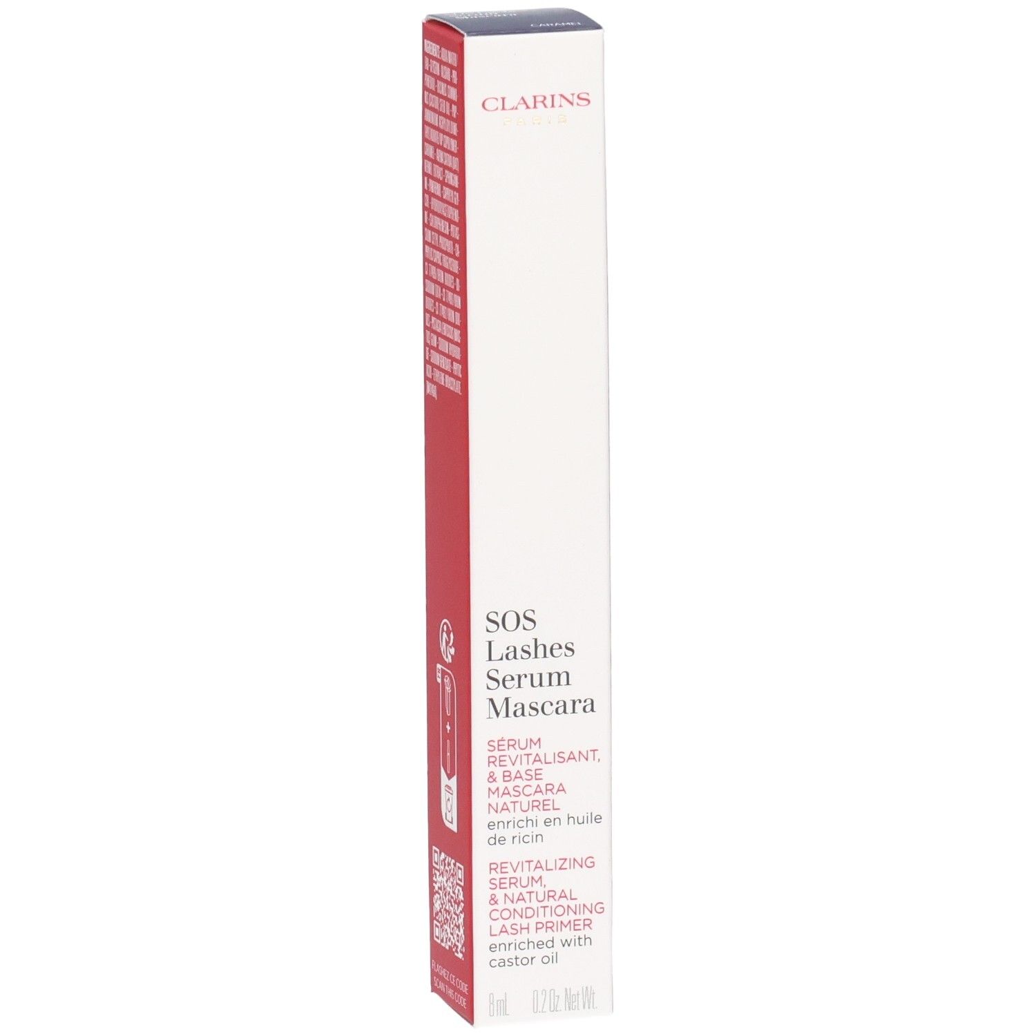 Clarins SOS Lashes Serum Mascara Verpackung mit Produktinformationen und Markenschriftzug.