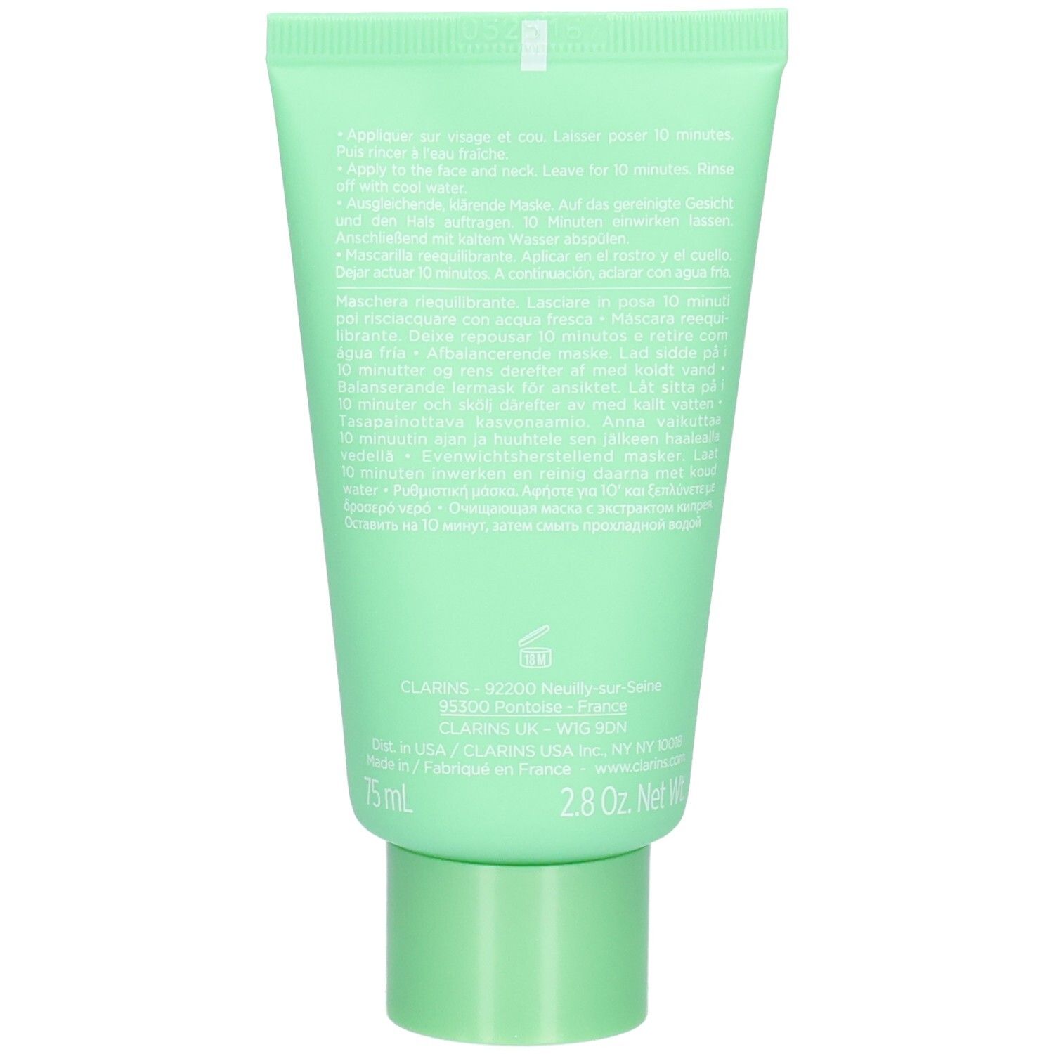 Clarins SOS Pure Gesichtsmaske, Vorderseite der mintgrünen Tube und der weißen Verpackung.
