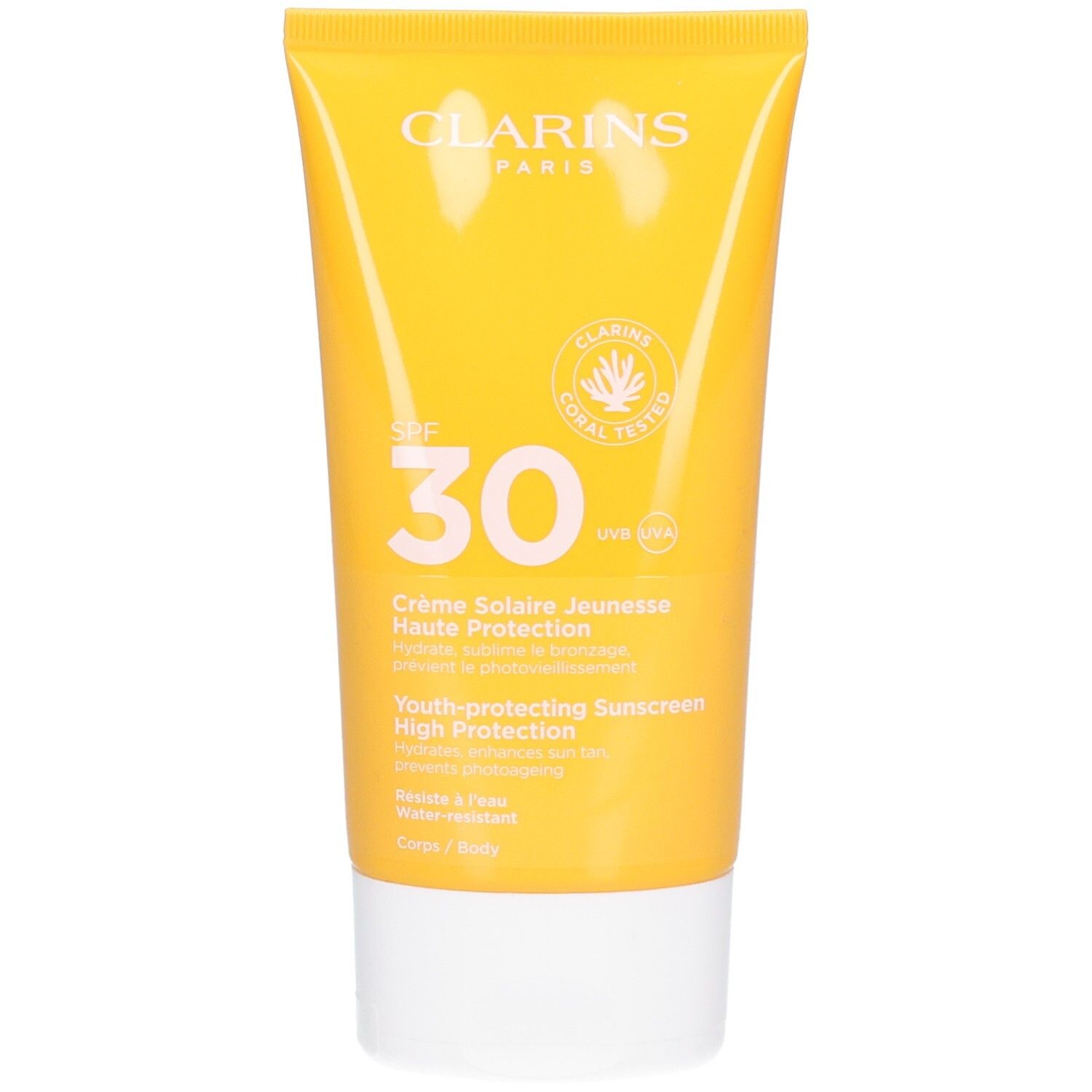 Clarins Sonnencreme mit LSF 30 in gelber Tube mit weißem Verschluss.