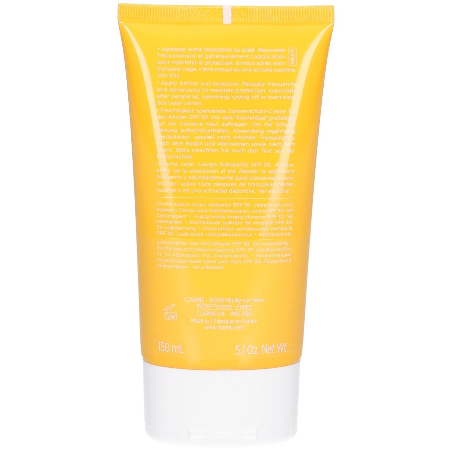 Rückseite der Clarins Sonnencreme Tube mit Produktinformationen und LSF 30.