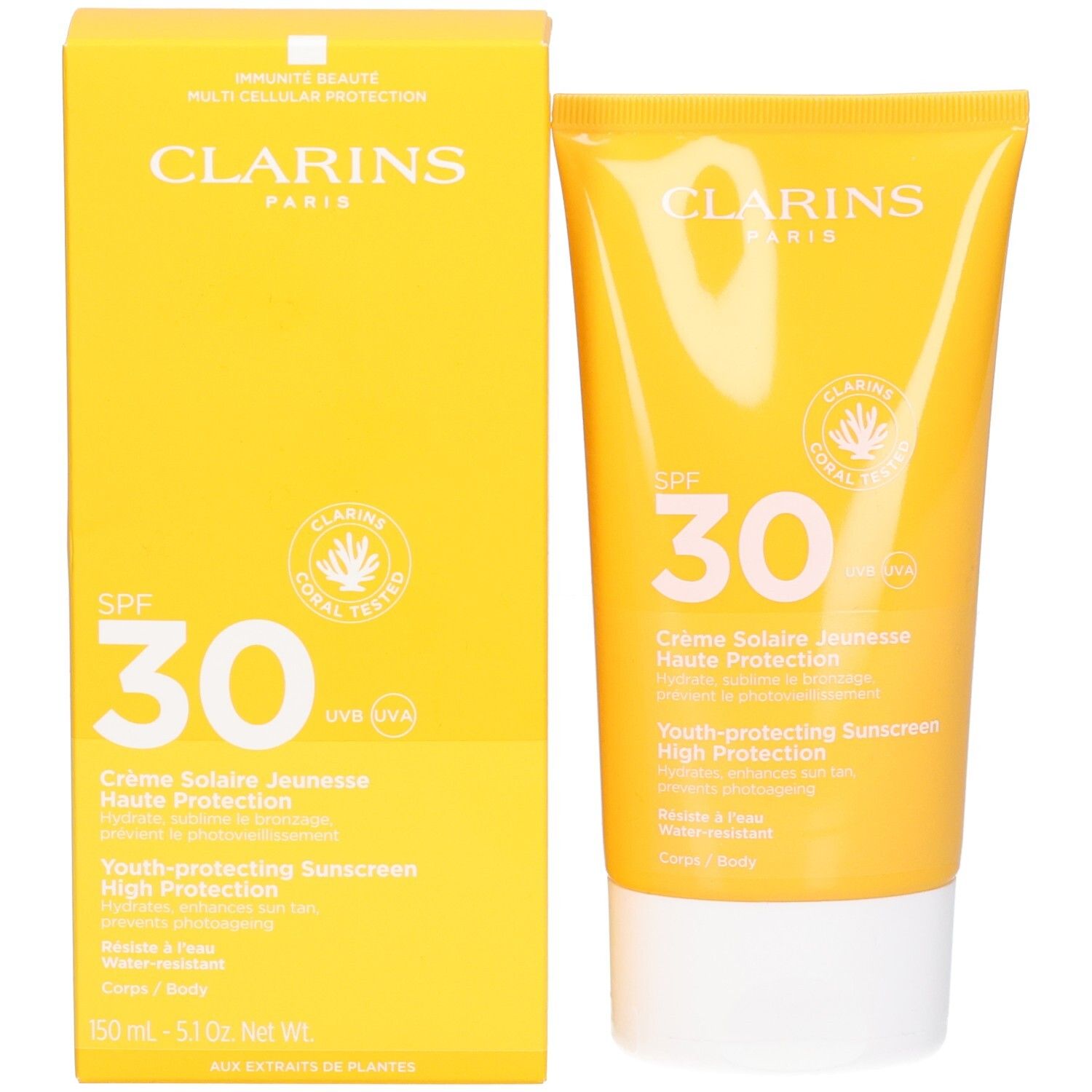Clarins Sonnencreme LSF 30 und Verpackungsbox, beide gelb.