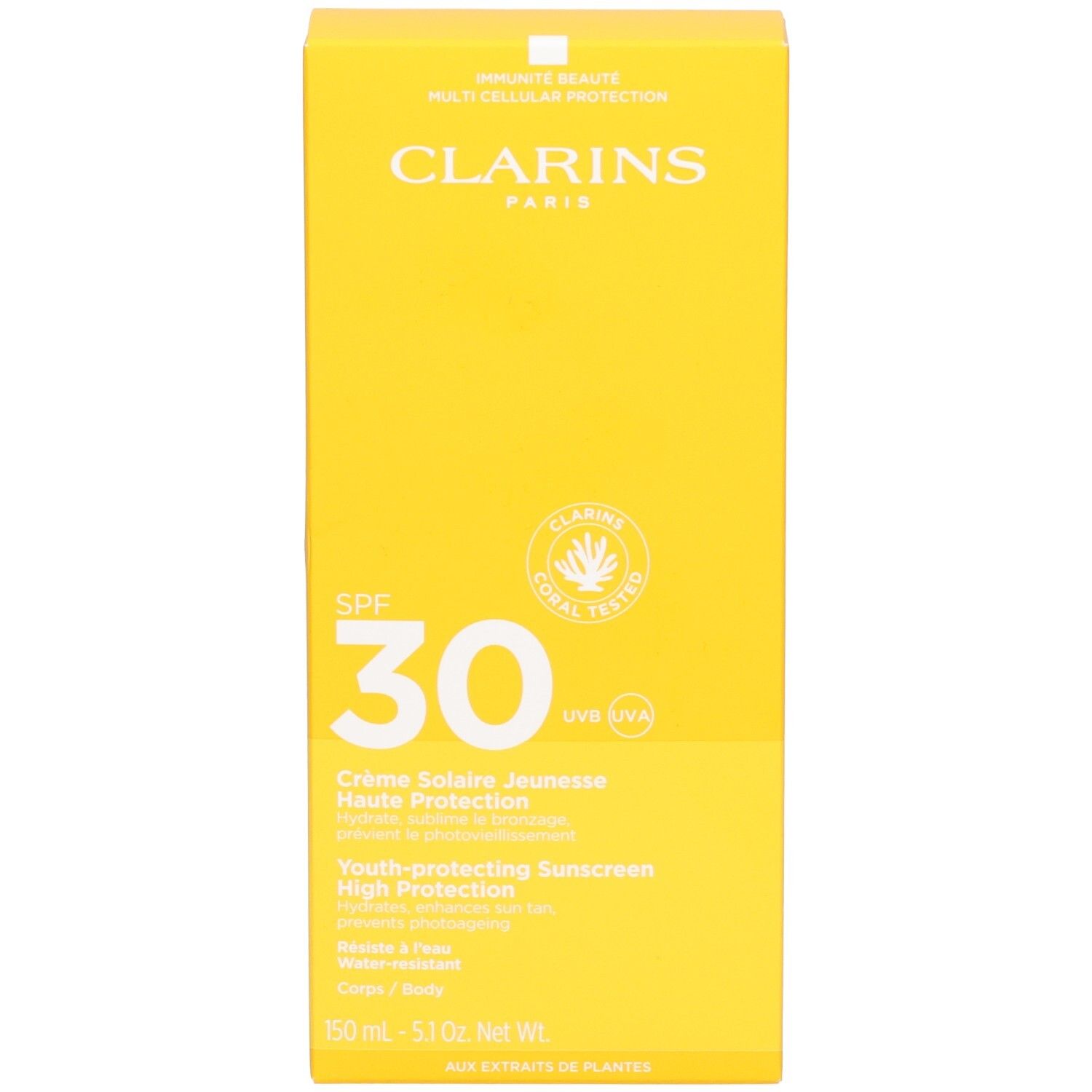 Gelbe Clarins Sonnencreme Verpackungsbox mit LSF 30 Aufdruck.